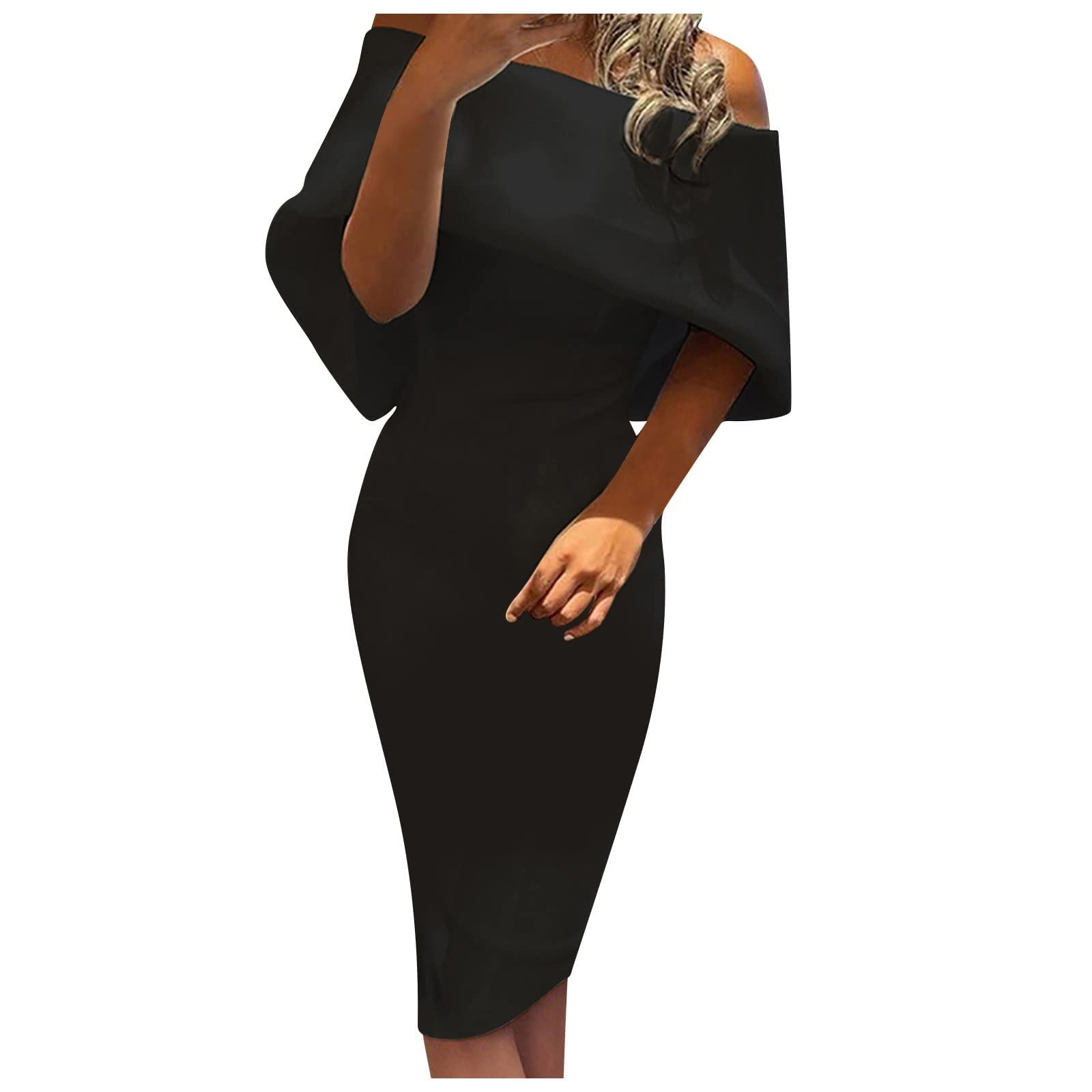 Elegant Off-the-Shoulder Batwing Cape Formal Dress for Women - Slim Midi Bodycon Prom Gown for Wedding Guest & Special Occasions | Perfect for Cocktail Parties, Evening Events & Holiday Celebrations