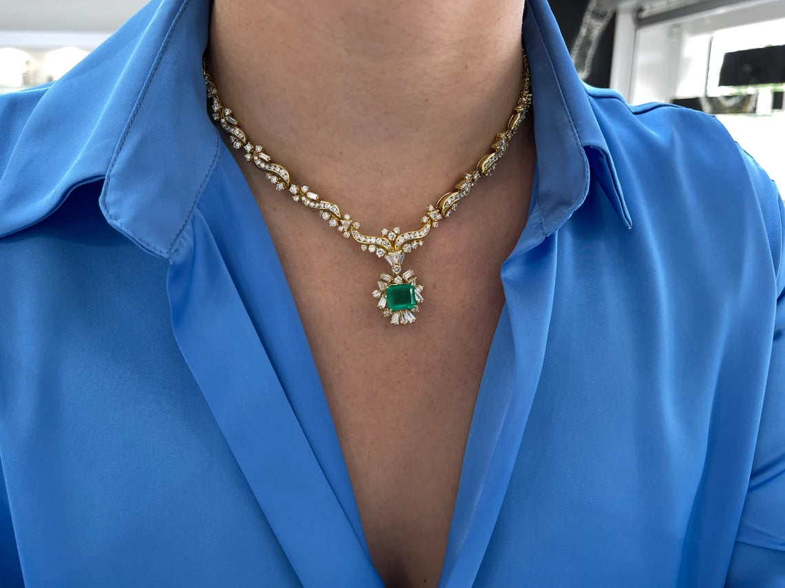 17.20tcw Colombian Emerald & Multi-Cut Diamond Statement Necklace | Luxury Jewelry for Women, Elegant Gift for Weddings & Special Occasions
