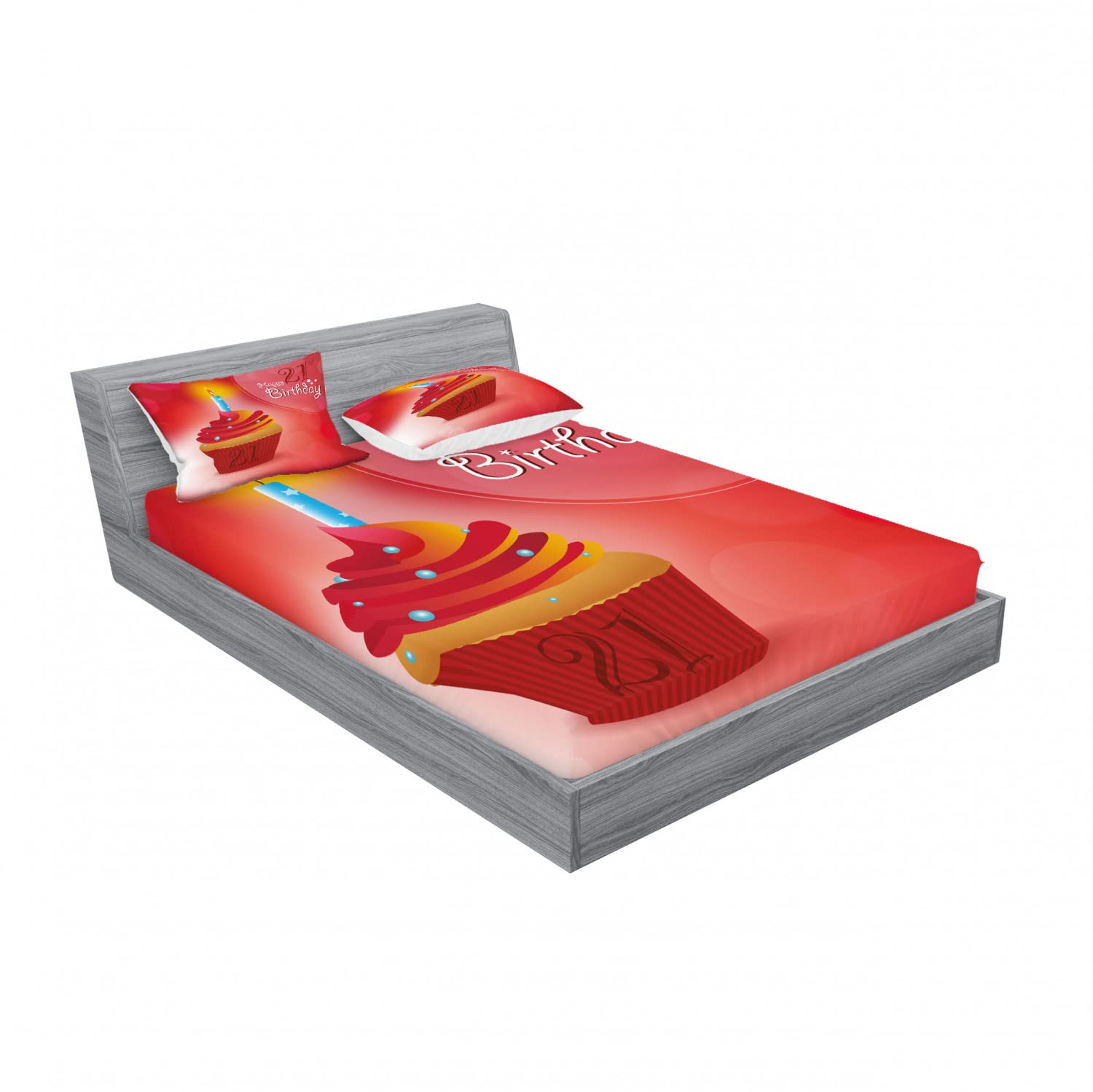 Ambesonne 2-Pack Queen Size Fitted Sheet & Pillow Sham Set - Abstract Birthday Pattern 4-Piece Bedding Decor (2 Fitted Sheets + 4 Pillow Covers) in Red & Orange - Perfect for Birthday Parties, Home Decor, and Guest Room Styling