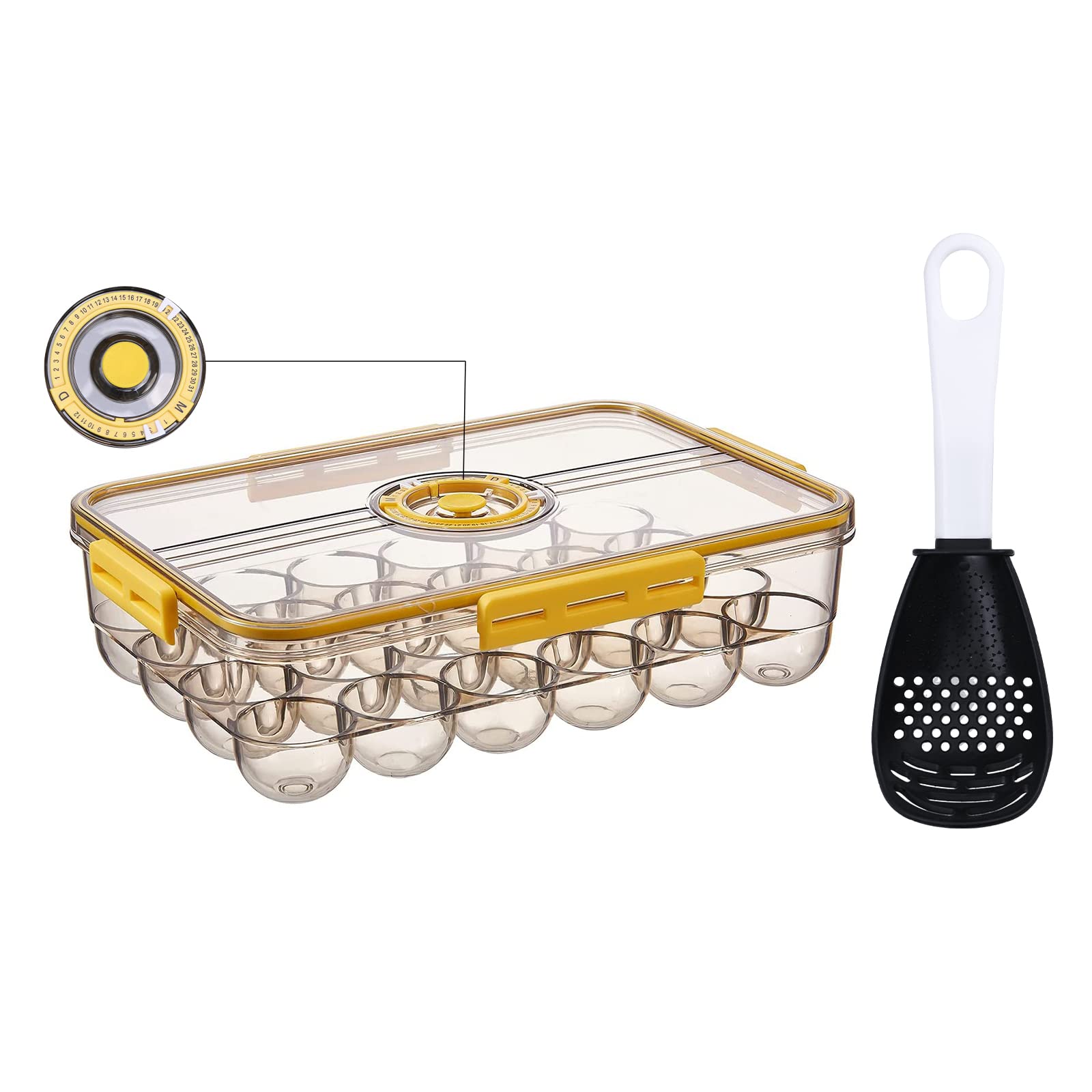 JMSWENJUAN 24-Count Stackable Plastic Egg Holder for Refrigerator with Time Scale & Lid - Yellow | Fresh Egg Storage Organizer for Kitchen, Pantry, or Farm Use