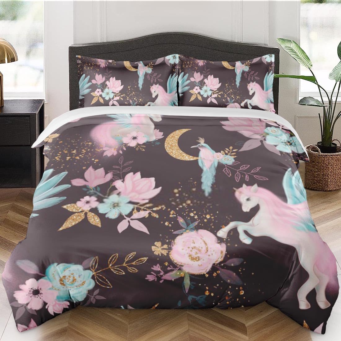 Unicorn Pink Blue Gold Duvet Cover Twin Size - Soft Bedding Set with Zipper Closure for Kids & Adults, Floral Leaves Birds Comforter Cover with Pillow Sham - Perfect for Bedroom Decor, Kids Room, Guest Room & Cozy Sleep