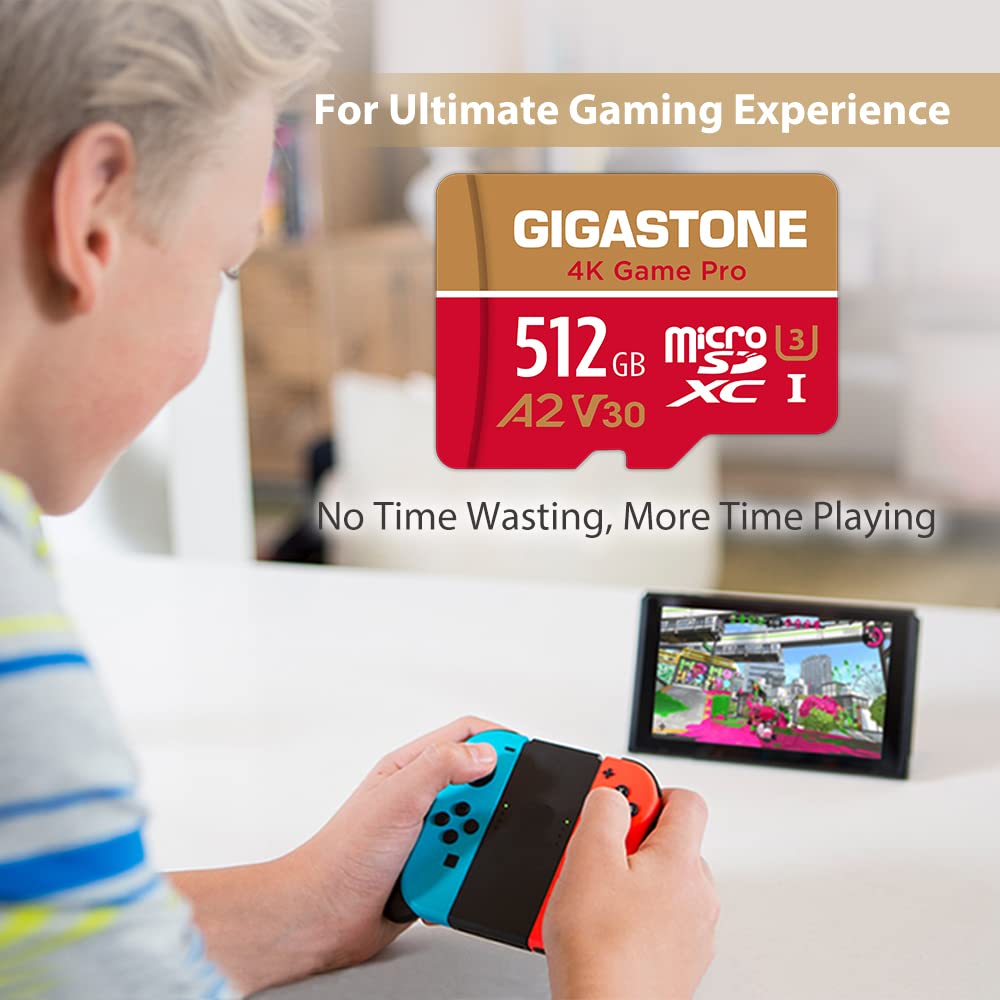 Gigastone 512GB 4K Game Pro Series Micro SDXC Card - A2 U3 V30, High Speed 100MB/s for Nintendo Switch, 4K UHD Videos & Gaming - Includes SD Adapter - Perfect for Portable Gaming, Action Camera Recording & Smartphone Storage Expansion
