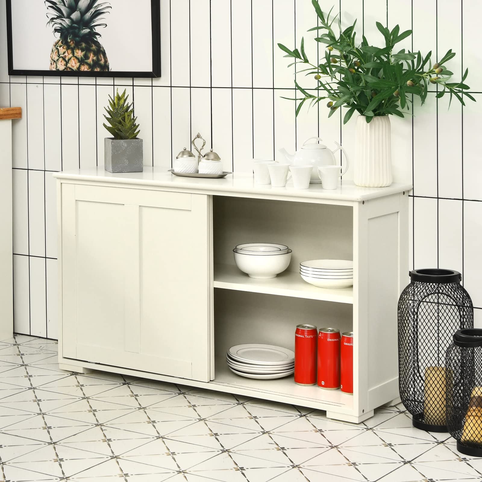 Stackable Wooden Storage Cabinet with Sliding Doors - Cream White Kitchen Buffet Sideboard for Dining Room & Living Room Organization | Perfect for Home, Office & Small Space Storage Solutions