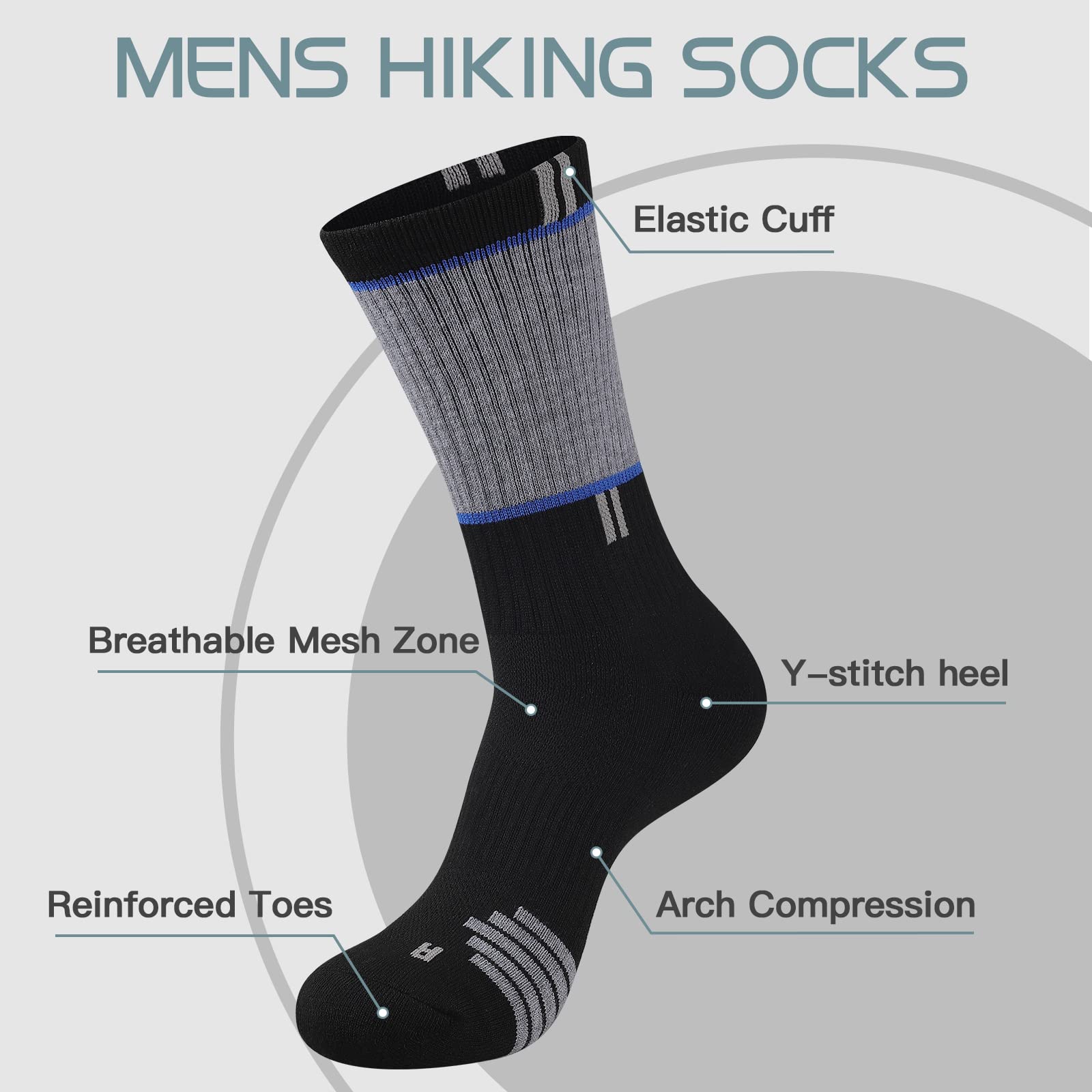 COOPLUS Men's Hiking Socks 5-Pack - Breathable Cushioned Athletic Crew Socks for Trekking & Outdoor Activities - Moisture-Wicking Performance Socks for Hiking, Camping & Daily Wear