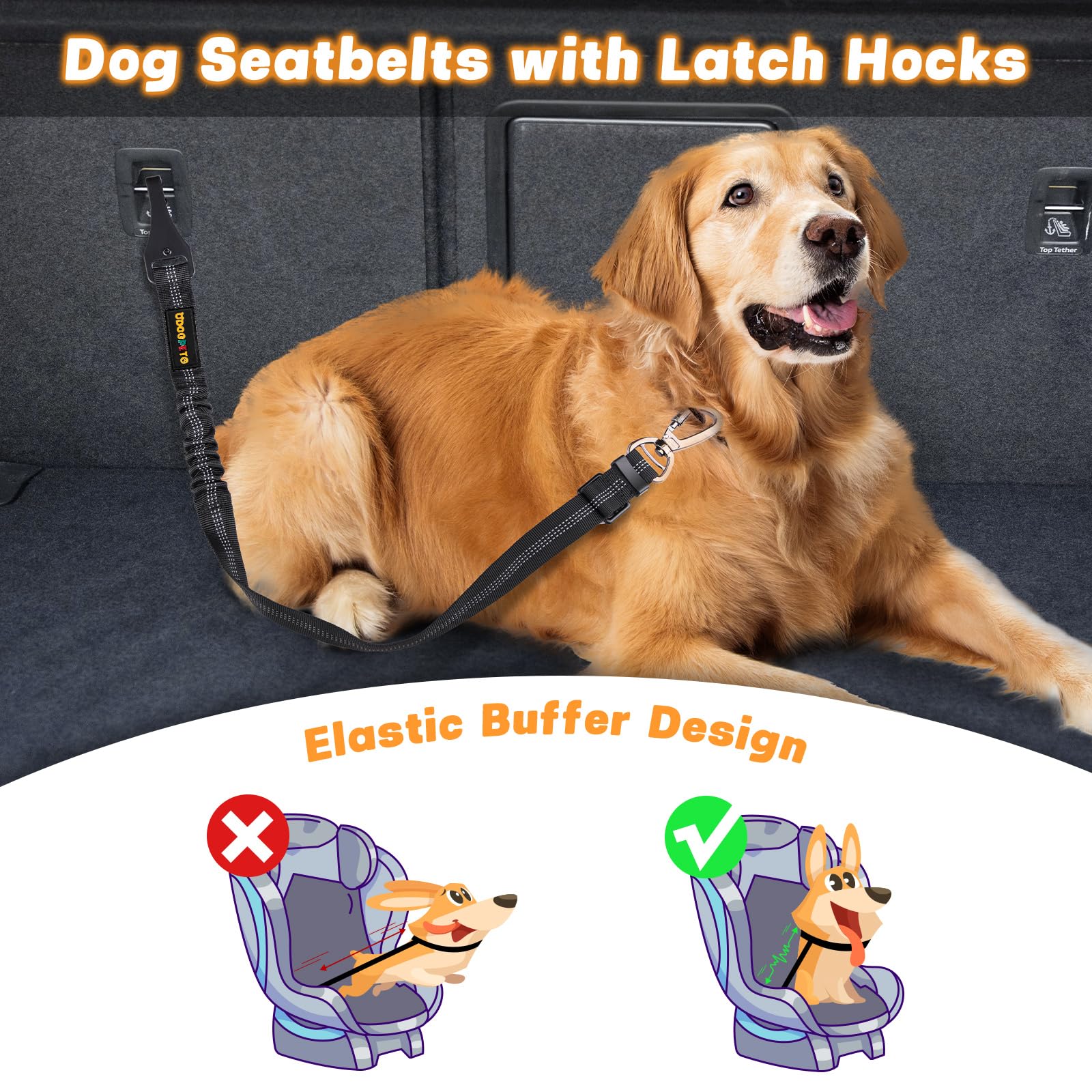Adjustable 4-in-1 Reflective Dog Car Seatbelt with Hook & Buckle, Secure Dog Seat Belt Harness for Vehicle Headrest & Swivel Carabiner, Includes Poop Bag, Black - Ideal for Safe Car Travel and Outdoor Adventures