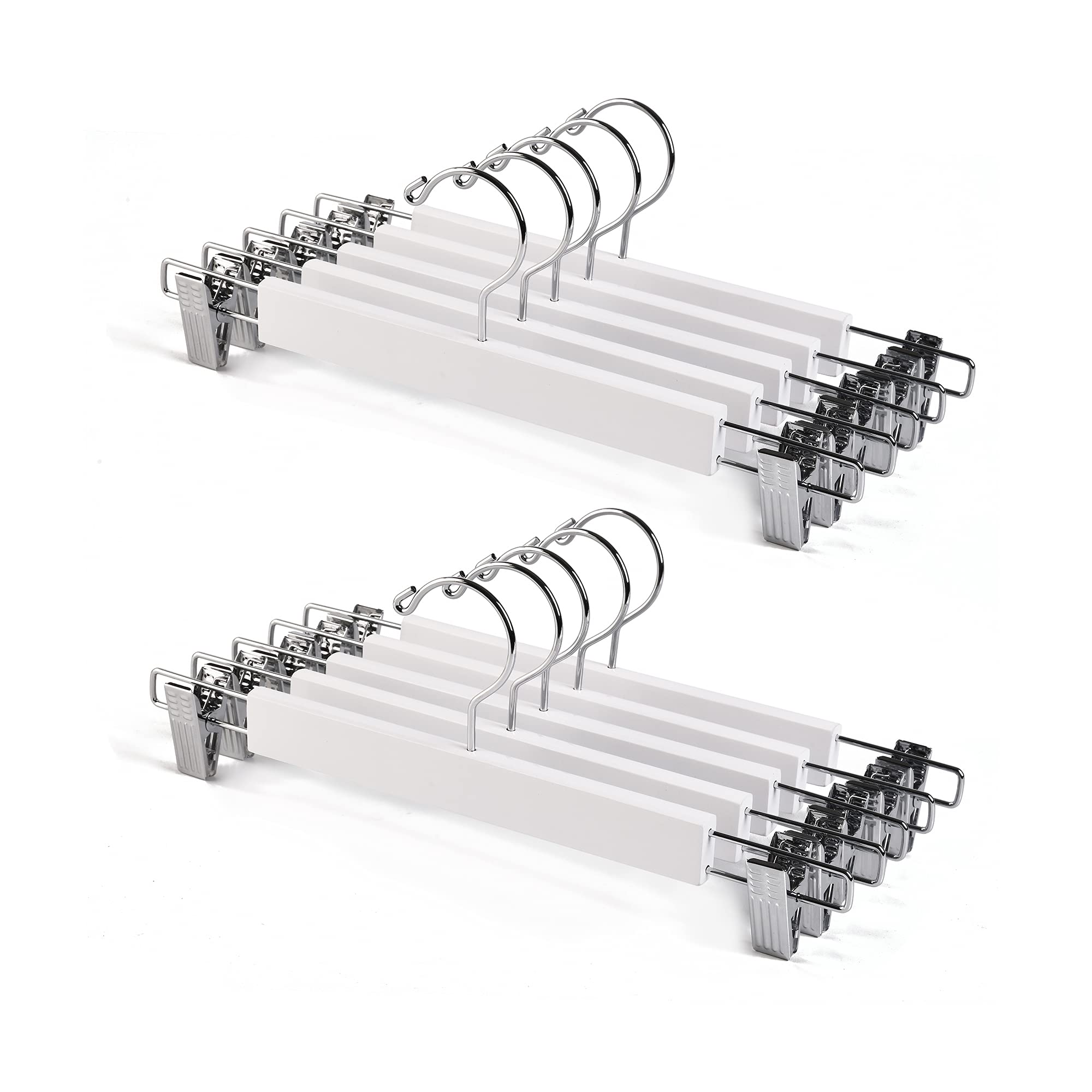 White Wooden Pants Hangers with Adjustable Clips - 20 Pack for Skirts, Jeans & Trousers - Space Saving Closet Organizer for Home & Retail Display