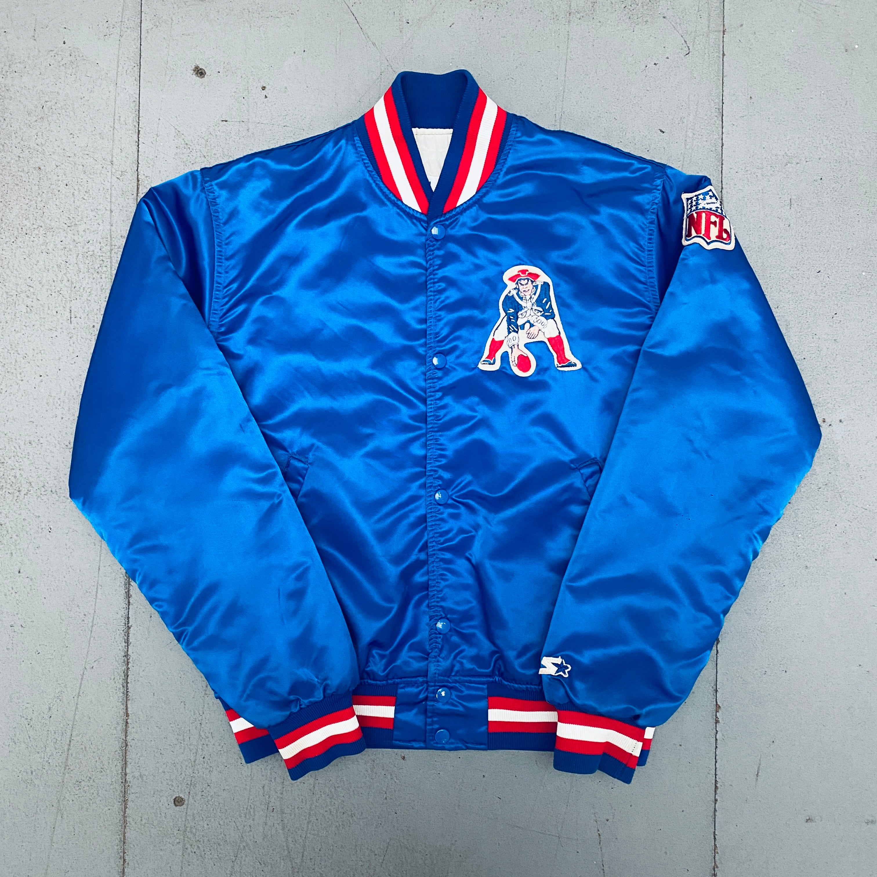 Vintage 1980s New England Patriots Satin Pat Patriot Starter Bomber Jacket - Medium Size | NFL Football Fan Apparel for Game Day & Retro Sports Fashion