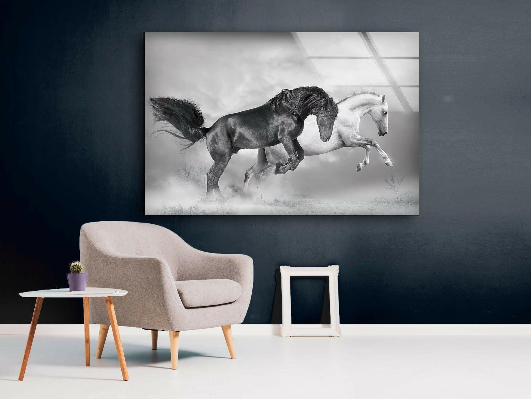 Black & White Wild Horses Running Glass Wall Art - Elegant Home Decor for Living Room, Bedroom & Office - Perfect Modern Art Gift for Horse Lovers