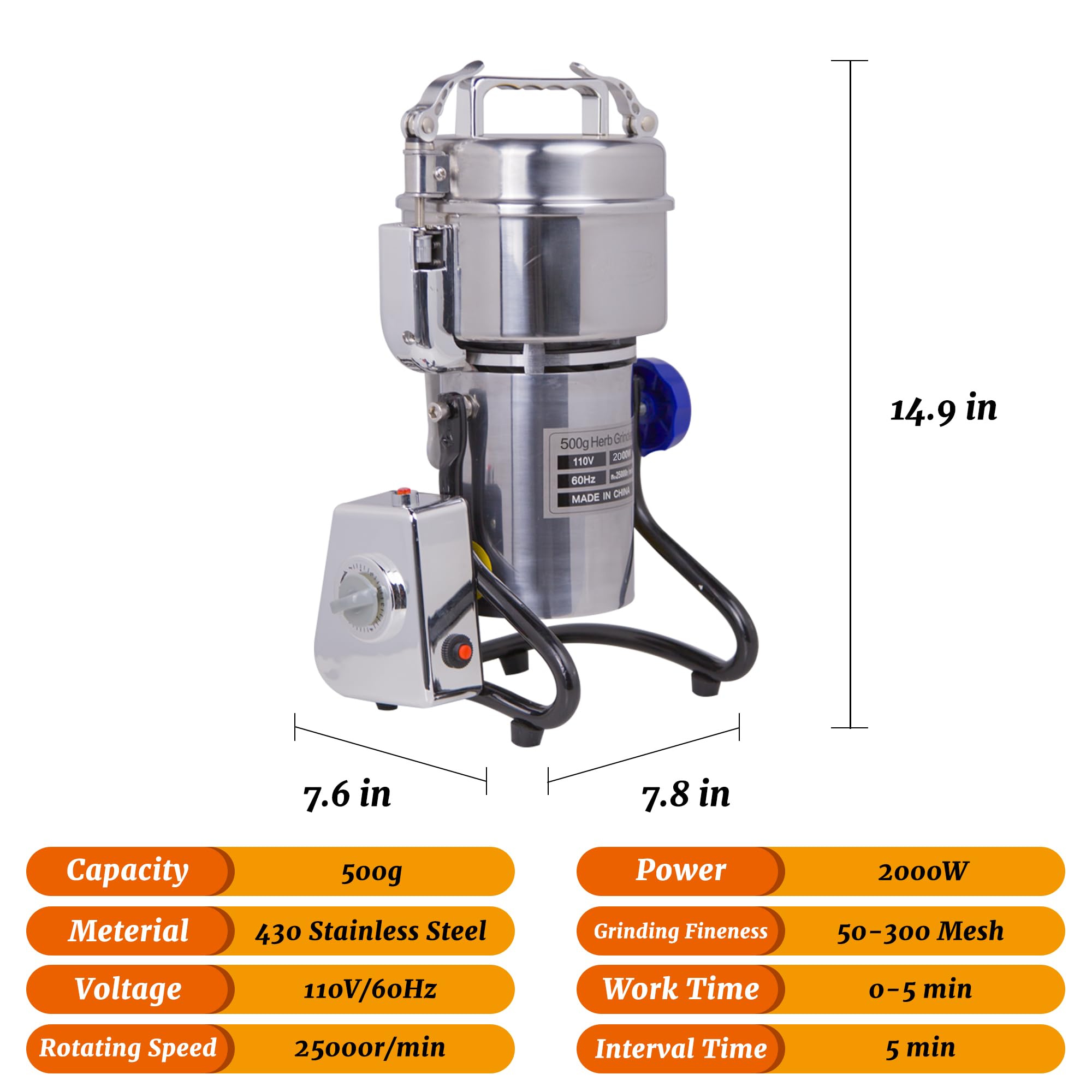 500g Electric Grain Grinder - 2000W High-Speed Stainless Steel Commercial Powder Mill for Coffee Beans, Spices, Herbs & Dry Ingredients | Swing-Type Pulverizer Machine for Home & Commercial Kitchens