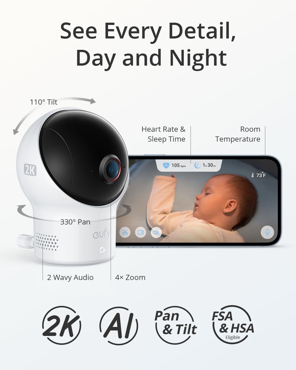 eufy Baby Smart Sock & 2K Camera Monitor with 2.4GHz Wi-Fi - Track Infant Sleep Patterns, Heart Rate, Naps | AI Cry Detection, Pan-Tilt Function | No Monthly Fees | Perfect for Nursery, Daycare & Travel