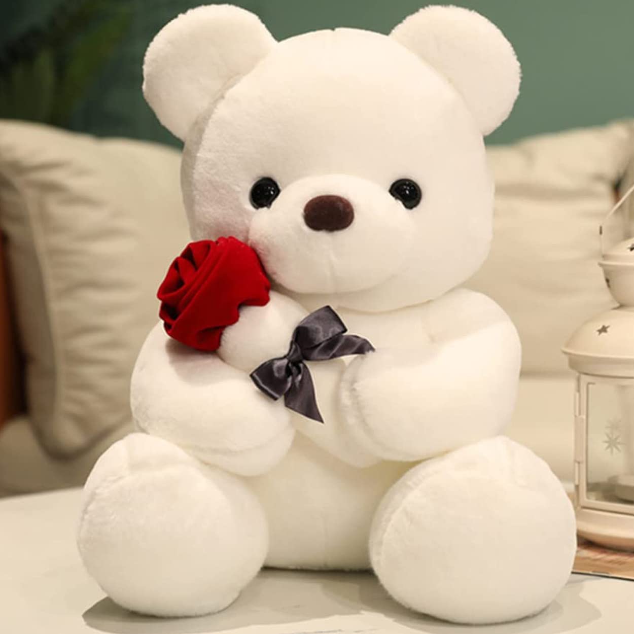 Cute White Teddy Bear Plush Stuffed Animal with Rose - 13.7 Inch Soft Rose Bear Gift for Valentine's Day, Birthday, Christmas | Perfect Present for Girlfriend, Kids, Loved Ones | Ideal for Bedroom Decor, Nursery, Romantic Surprises