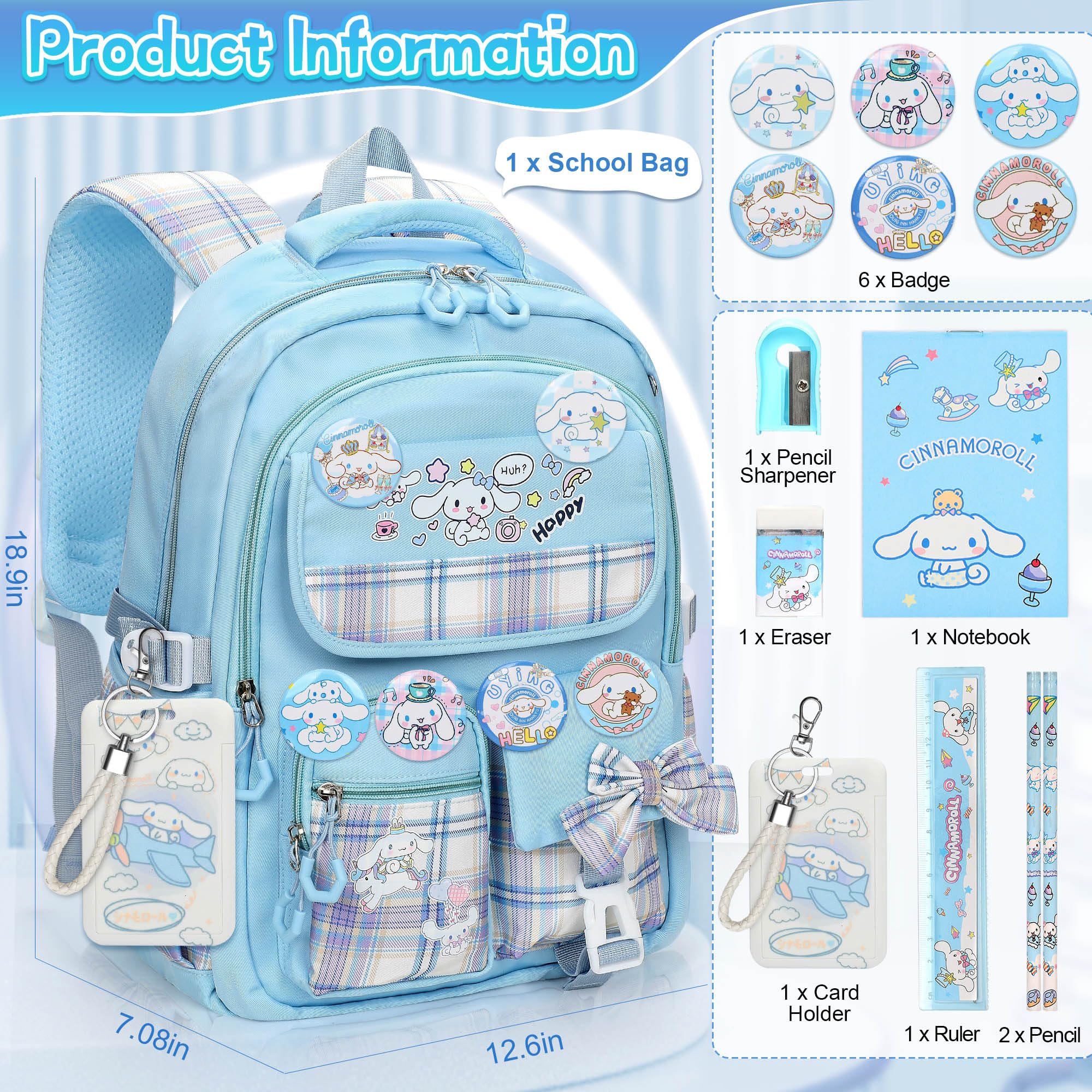 Anime School Backpack for Girls with 14Pcs Accessories - Anti-Theft Laptop Bookbag for Travel & School (Blue)