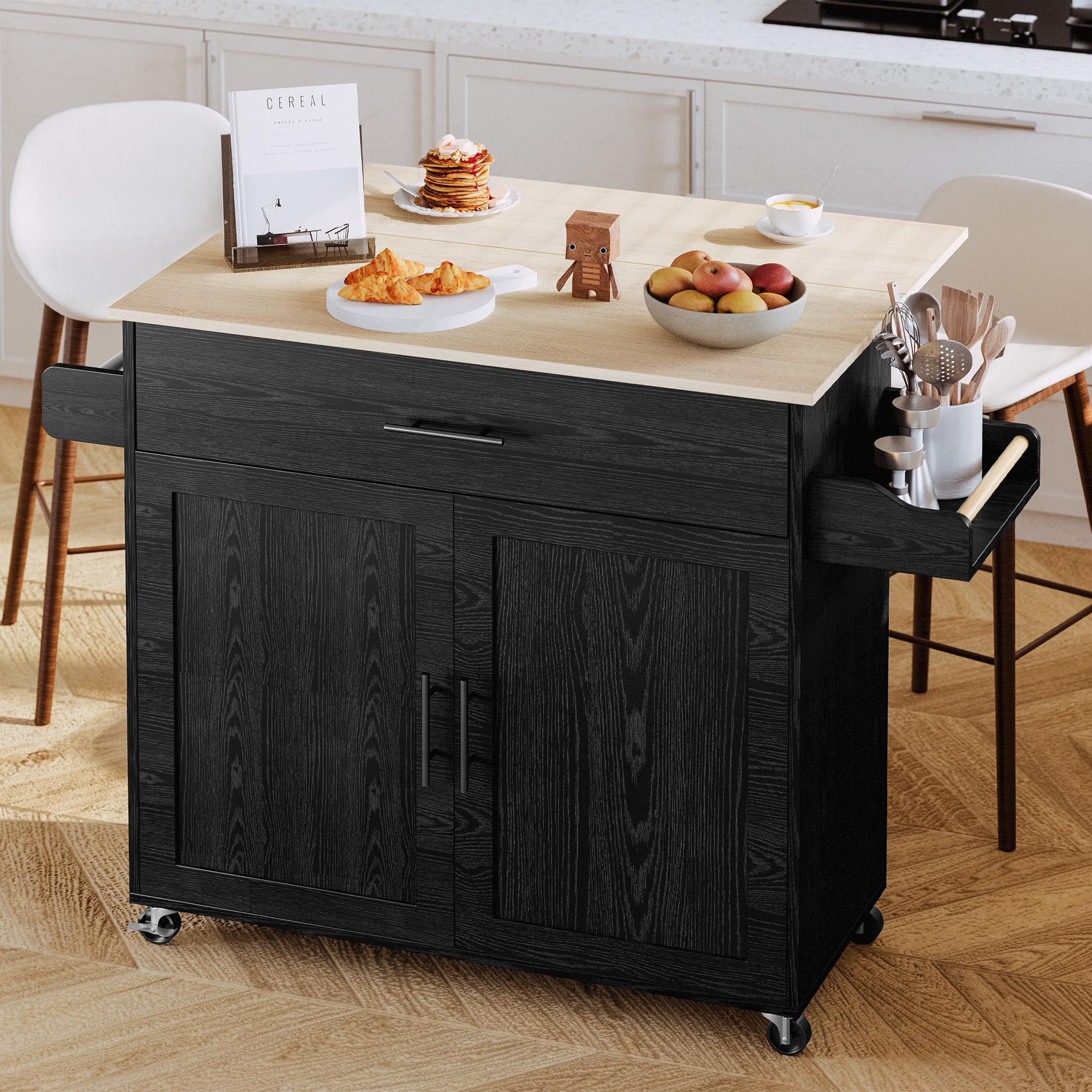 IRONCK Black Kitchen Island Cart with Storage - Rolling Mobile Kitchen Island with Drop Leaf, Charging Station, 3-Tier Spice Rack, Cabinet & Drawer - Perfect for Small Kitchens, Dining Areas & Food Prep Stations