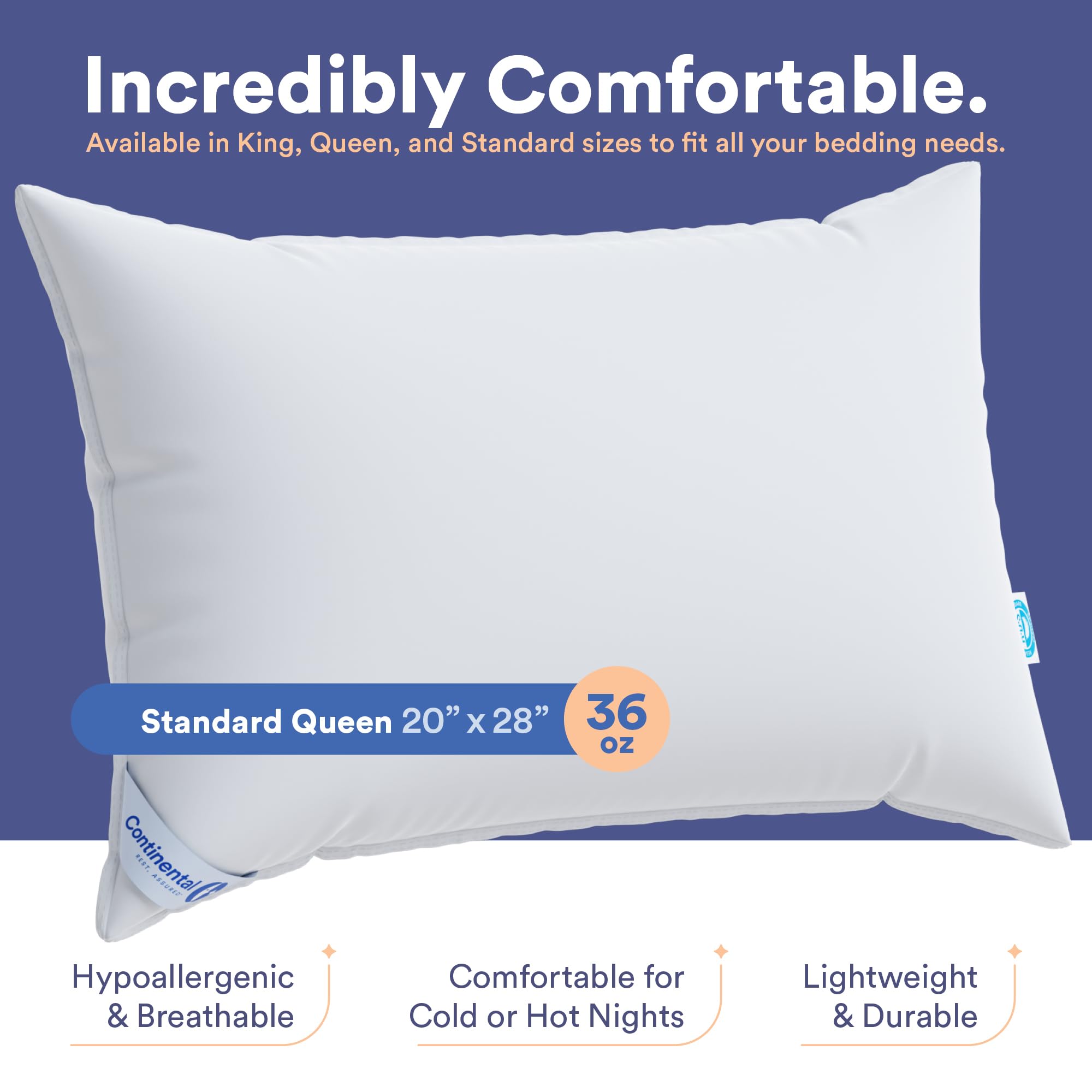 Premium Continental Bedding Luxury Pillow - 50% Goose Down & 50% Feather Fill - Super Standard Size - White - Perfect for Back Sleepers, Side Sleepers & Hotel-Style Comfort