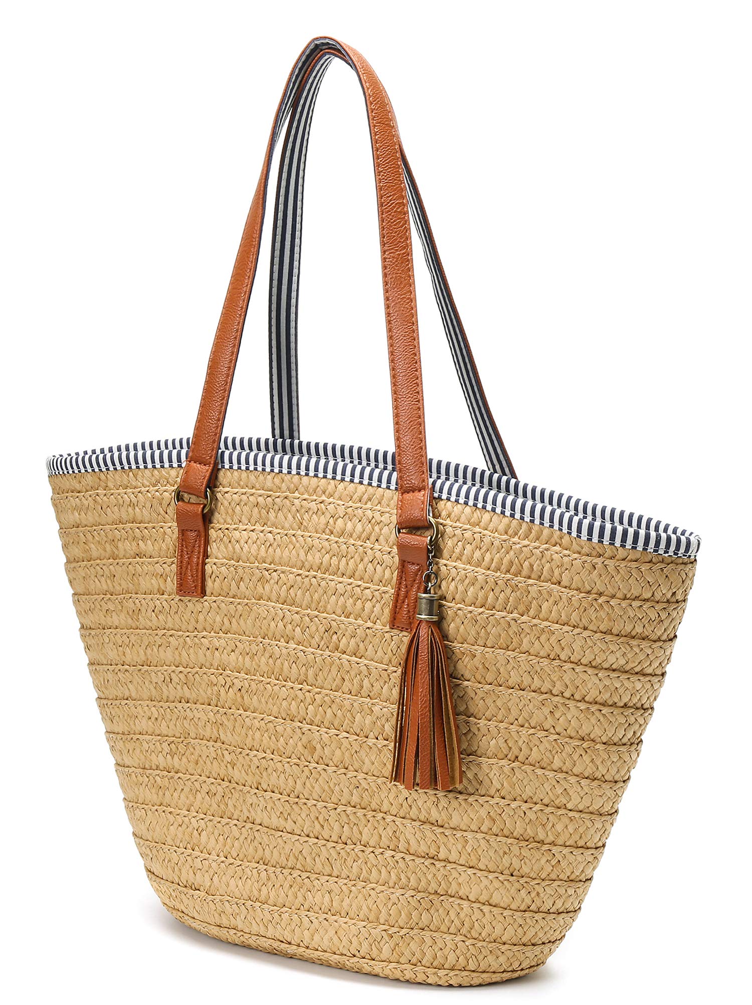 Epsion Straw Beach Tote Bag with Tassels & Pom Poms - Handwoven Boho Shoulder Purse for Women | Summer Vacation, Pool Party, Picnic & Outdoor Activities