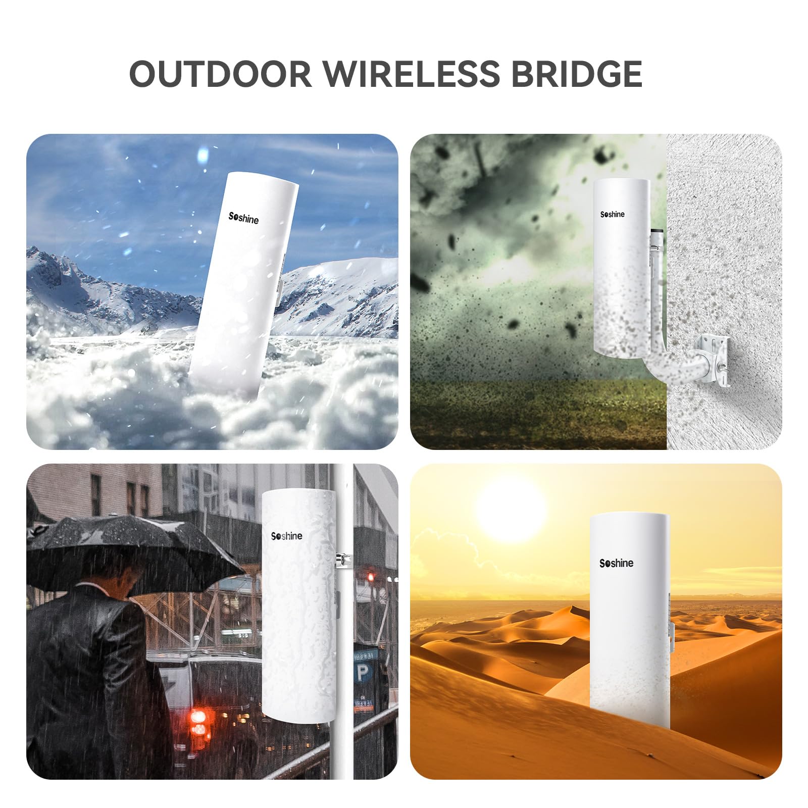 Soshine 5.8G 300Mbps Wireless Bridge Kit with Mounts - Long Range 3KM Point to Point Outdoor WiFi Extender for Shop, Barn, Garage & Building | Plug & Play with 24V PoE Injector & 2 RJ45 Ports (2-Pack) - Perfect for Remote Offices, Farm Connectivity & Surveillance Systems