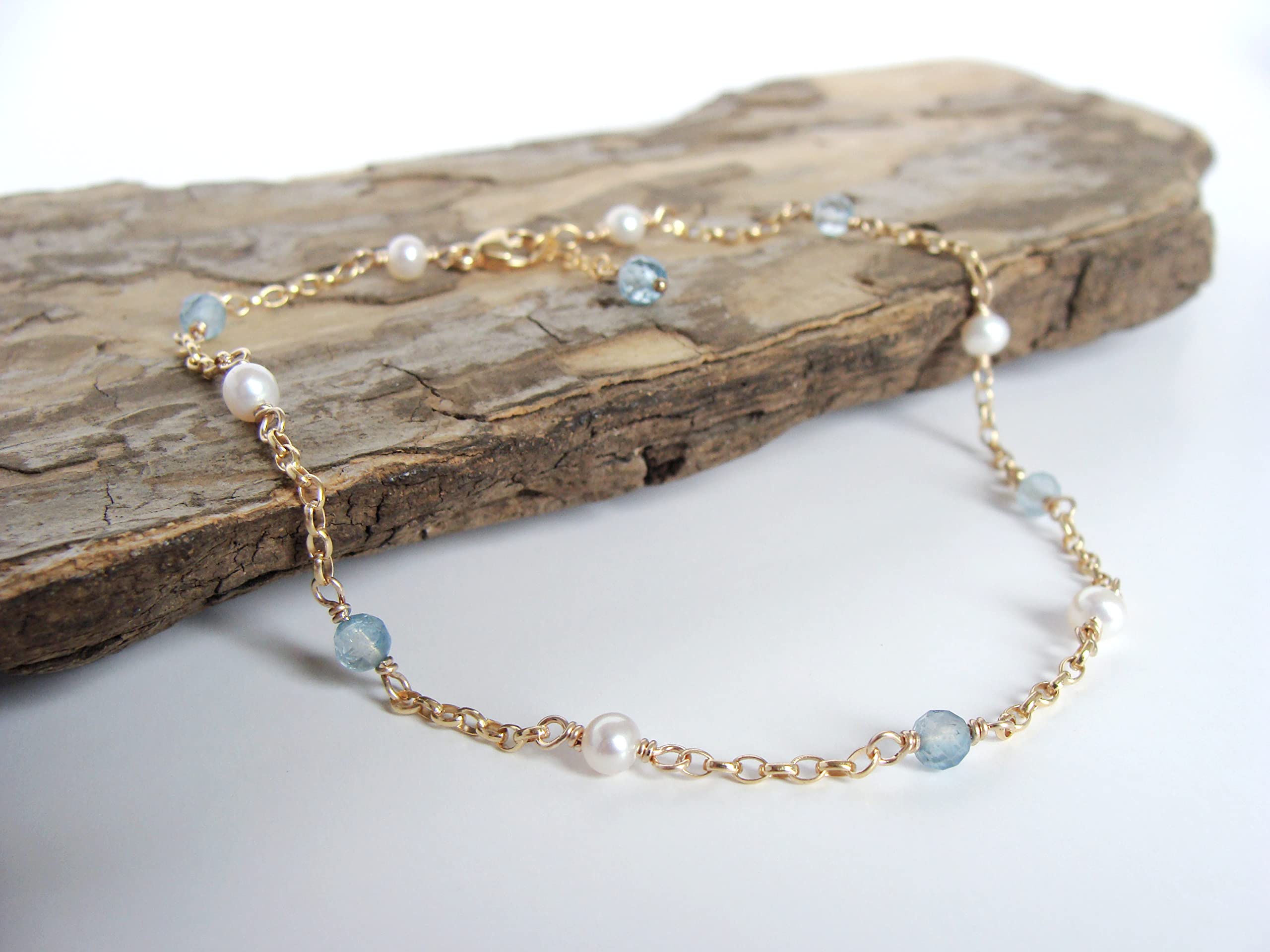 Gold Blue Topaz Pearl Anklet - Adjustable Gold-Filled Handmade Jewelry with Genuine Gemstones | Perfect for Weddings, Beach Vacations & Boho Fashion