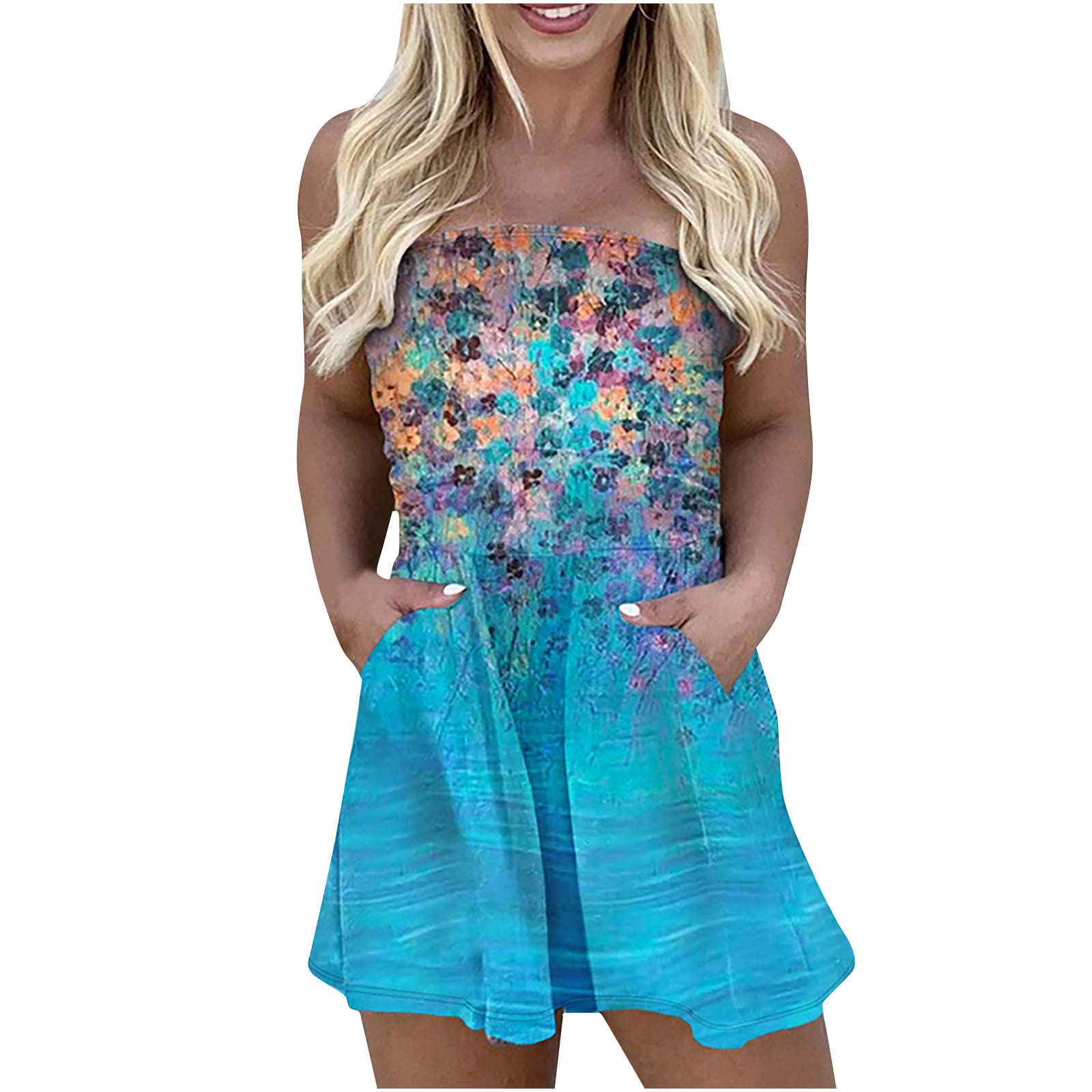 Sexy Tube Top Rompers for Women - Strapless Sleeveless Wide Leg Short Jumpsuit with Pockets | Vintage Floral Overalls for Summer, Beach, Music Festival & Night Out