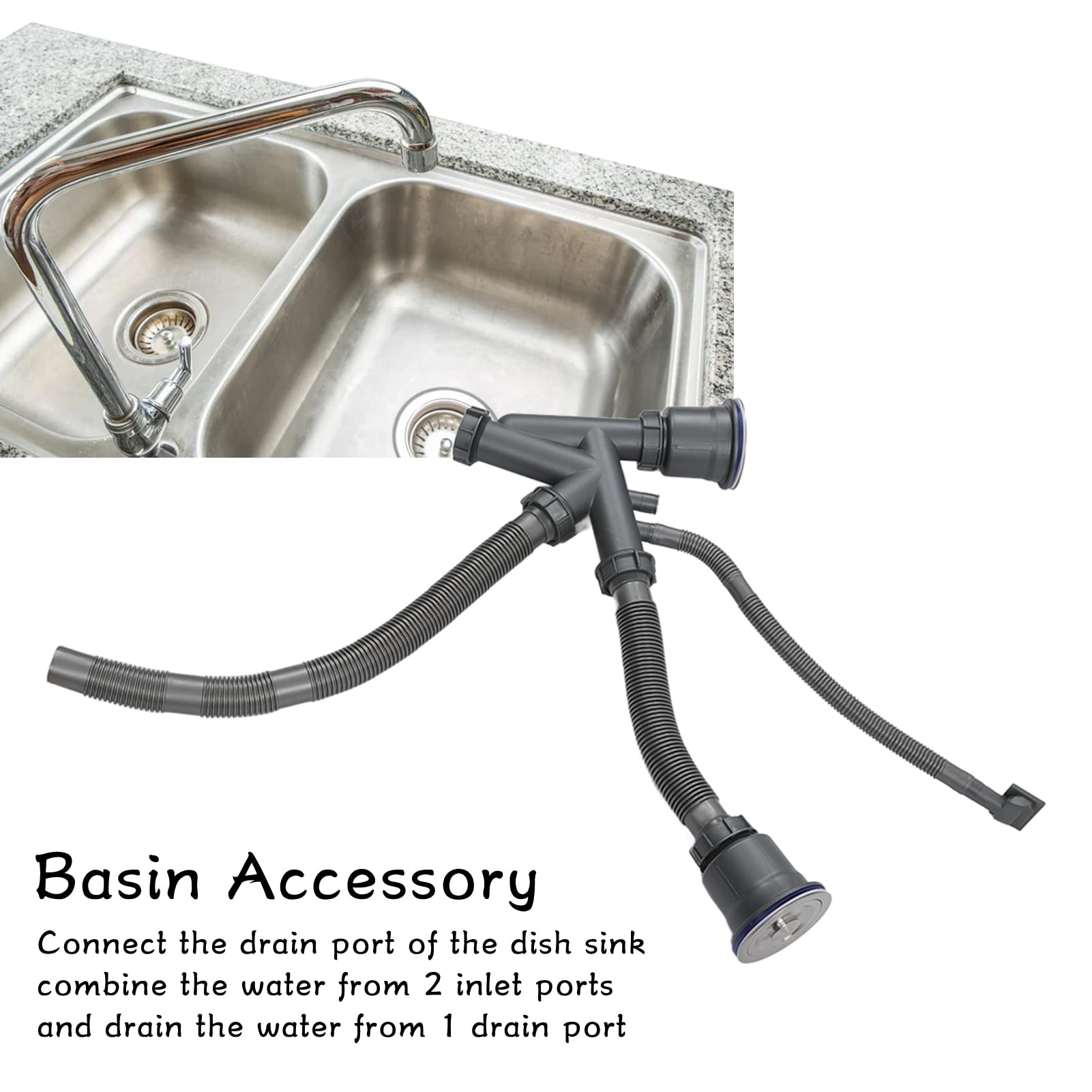 Septpenta 110mm/4.3in Double Kitchen Sink Drain with 50mm/2in Basin - Flexible, Extendable, Fast Draining, Clog-Resistant for Kitchen Sinks & Garbage Disposals | Perfect for Busy Kitchens & Food Prep Areas