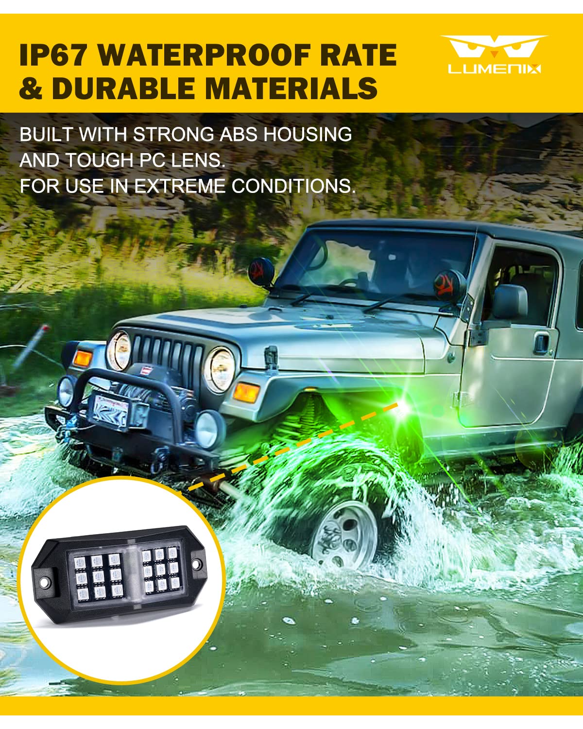 LUMENIX RGB LED Rock Lights Kit - Bluetooth Multicolor Wheel Well & Footwell Underglow Neon Lights with Remote Control - Wide Angle Rock Lights for Off-Road Trucks, SUVs, UTVs, RZRs, ATVs & Motorcycles (8 Pods) - Perfect for Night Rides, Car Shows & Off-Road Adventures