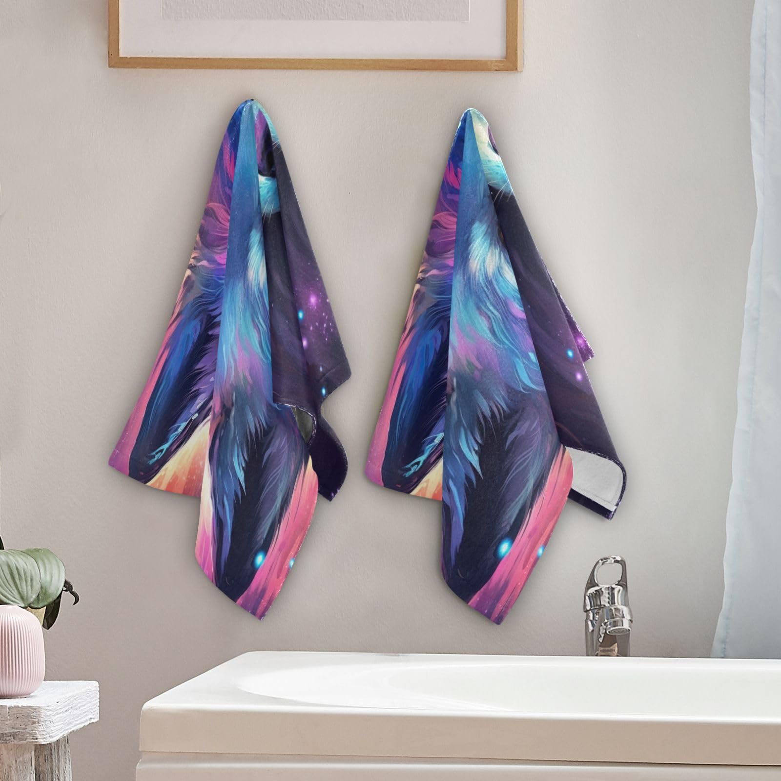 2-Piece Purple Galaxy Wolf Bath Towel Set - Ultra Soft & Absorbent Hand & Bath Towels for Bathroom, Kitchen, Gym - Perfect for Spa, Beach & Home Decor (202a0001)