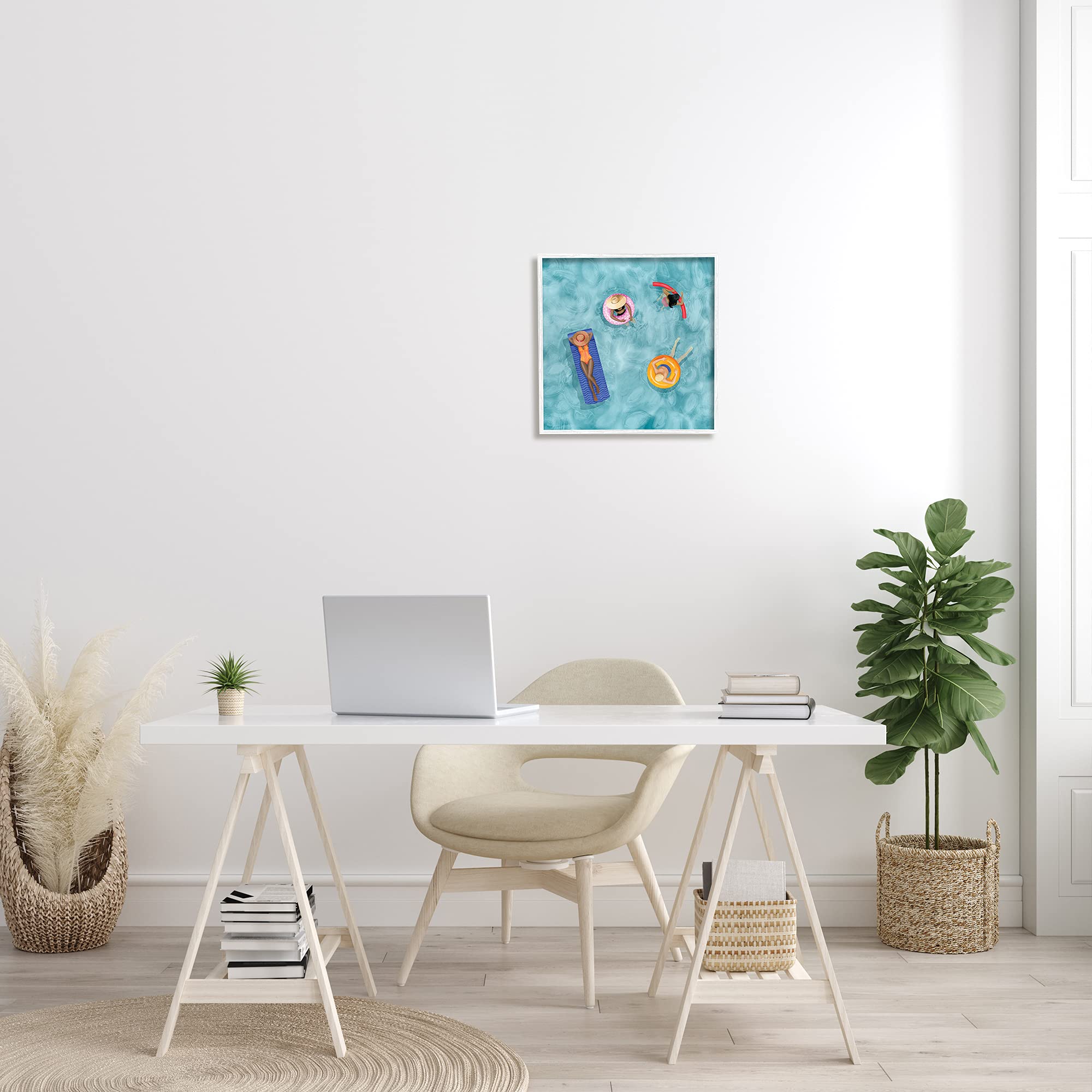 Stupell Industries Group of People Lounging in Water Pool Toys Wall Art, 17 x 17, White Framed - Perfect for Beach House, Poolside, and Summer Decor