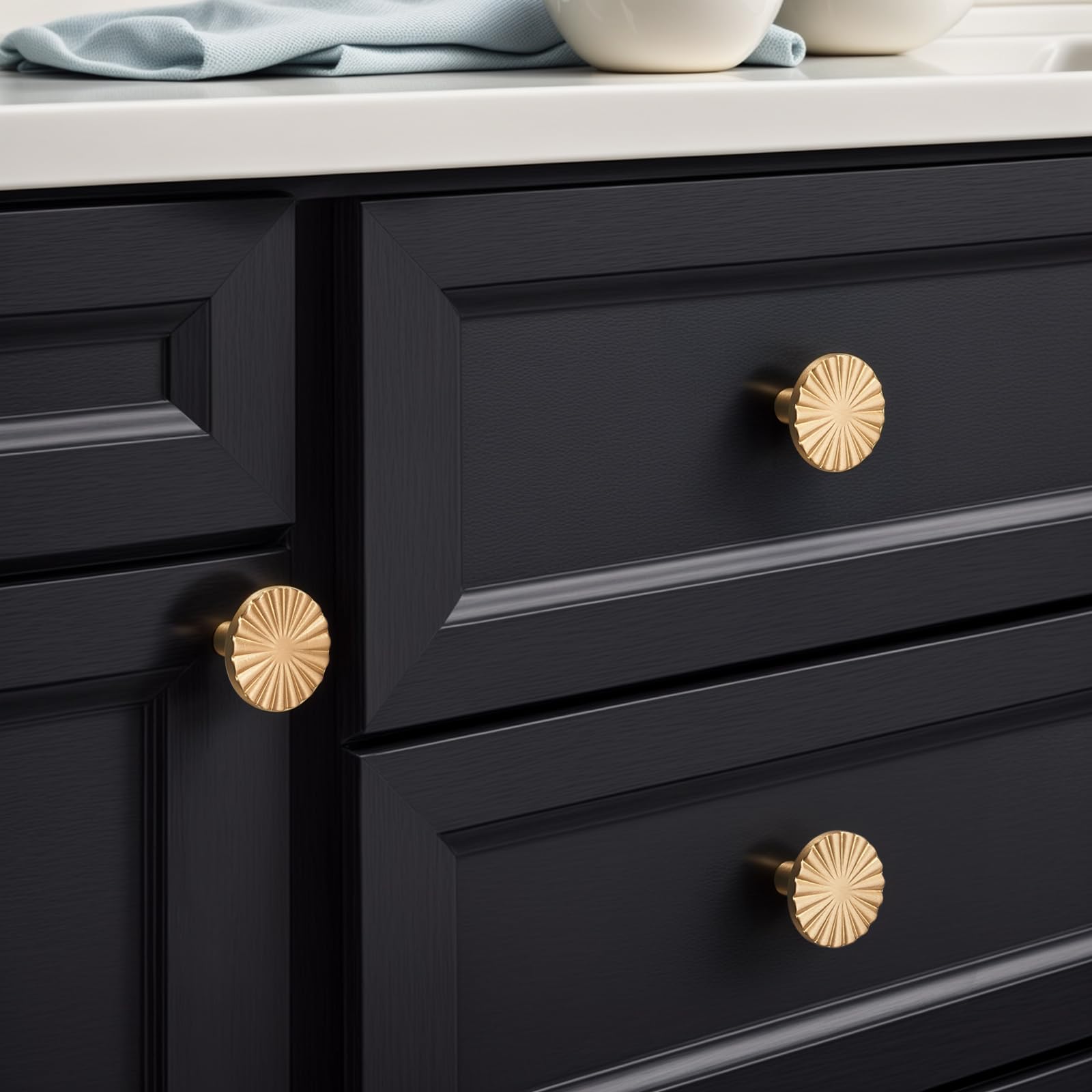 Solid Brass Drawer Cabinet Knobs - 5 Pack Brushed Gold Handles Hardware for Dresser, Kitchen, Bedroom & Bathroom | Elegant Upgrade for Furniture & Cabinets