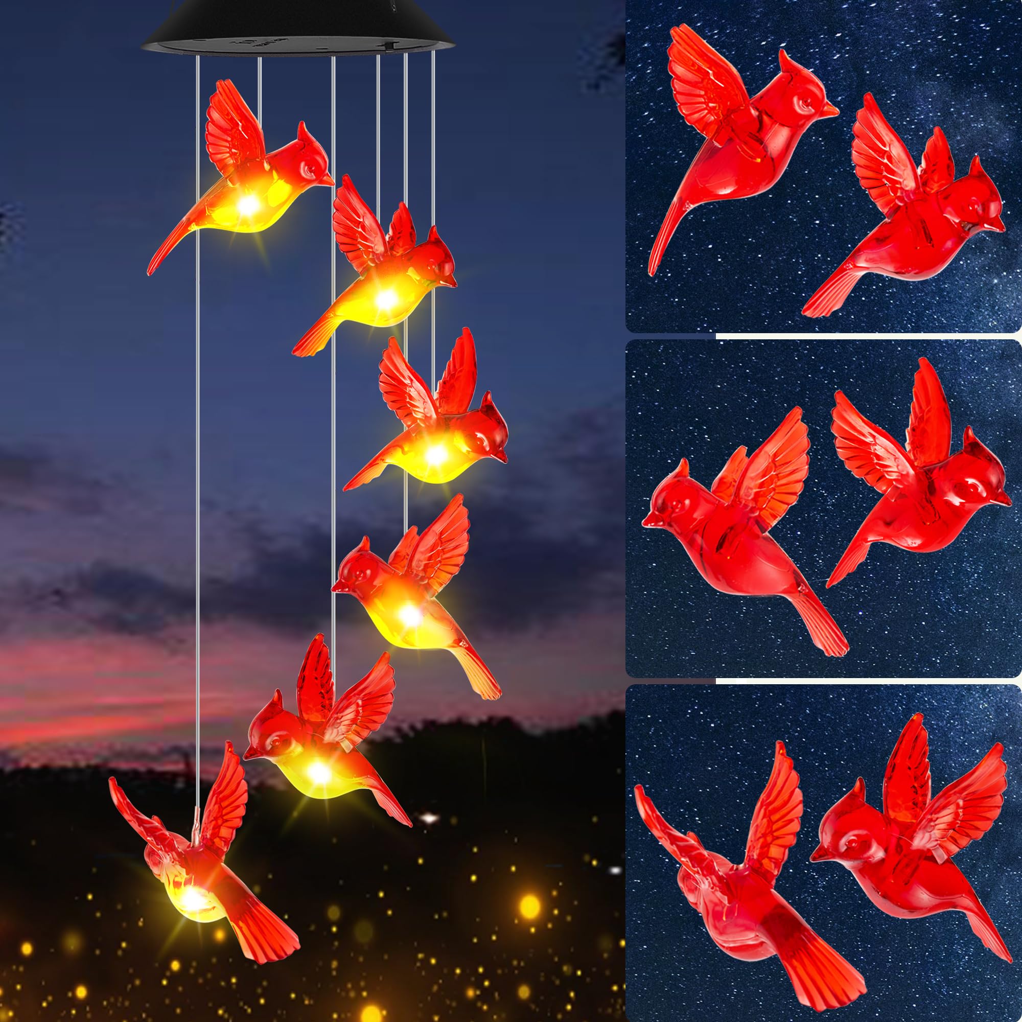 Cardinal Solar Wind Chimes with LED Lights - Outdoor Hanging Decor for Garden, Patio, Yard | Perfect Gift for Women, Mom, Grandma | Solar-Powered Bird Ornament for Relaxing Ambience