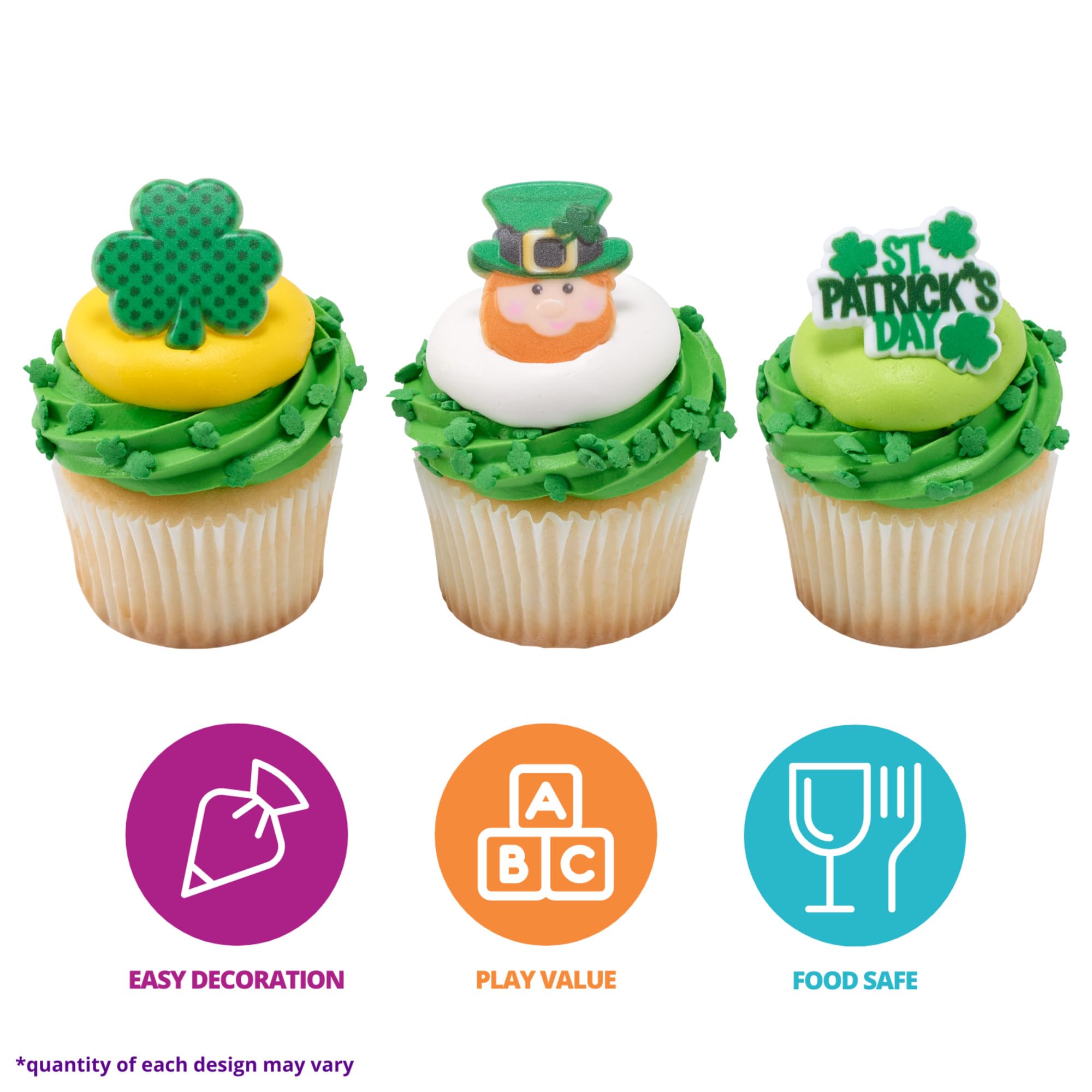 DecoPac St. Patrick's Day Cupcake Toppers - 24 Pack of Green Shamrock & Leprechaun Rings for Cake Decorations | Food Safe Cupcake Decor for St. Paddy's Day Parties, Birthday Cakes & Holiday Desserts