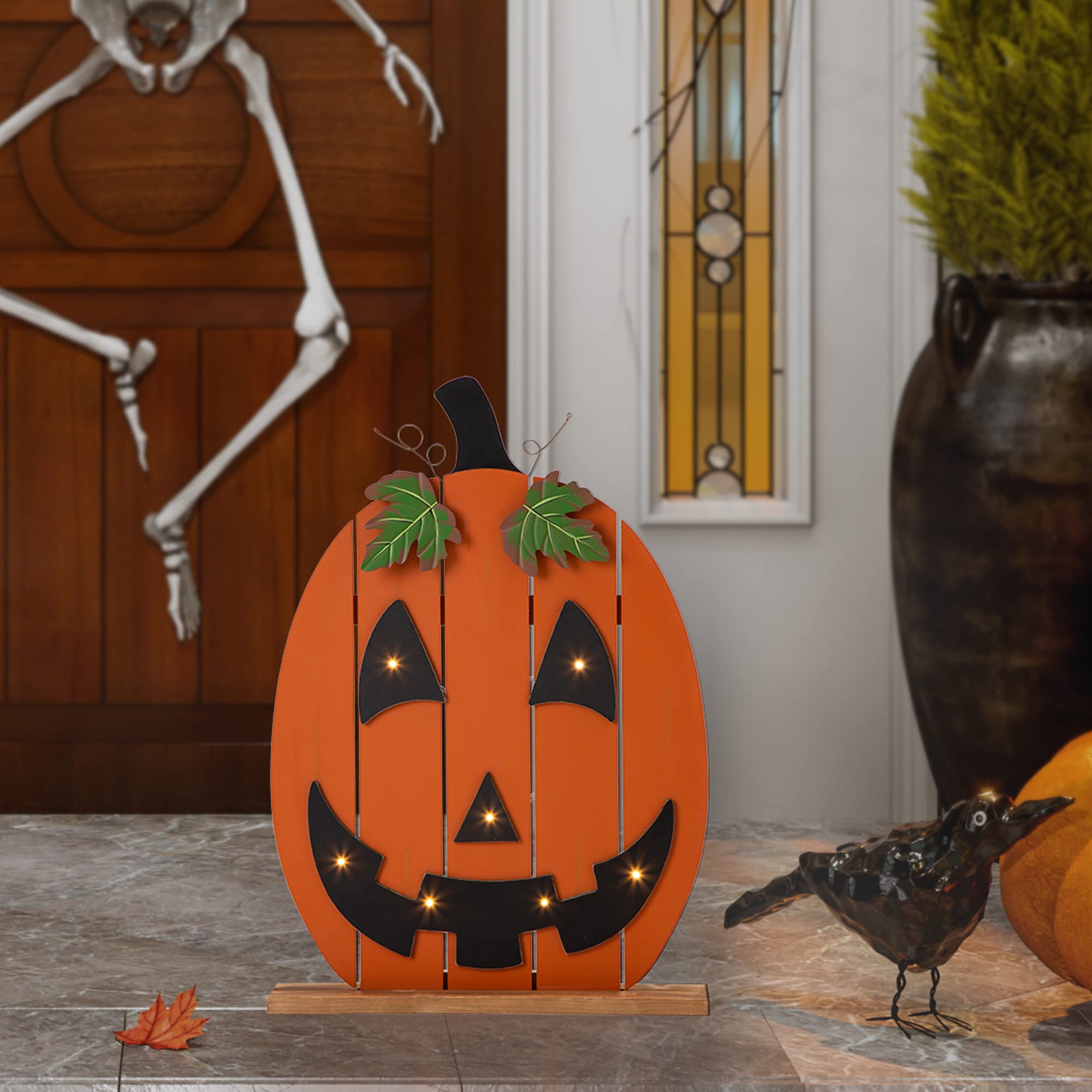 Glitzhome 30-Inch Wooden Halloween Porch Sign with Timer & 7 LED Jack-O'-Lanterns - Outdoor Fall Decor for Porch, Yard, and Halloween Party Decorations
