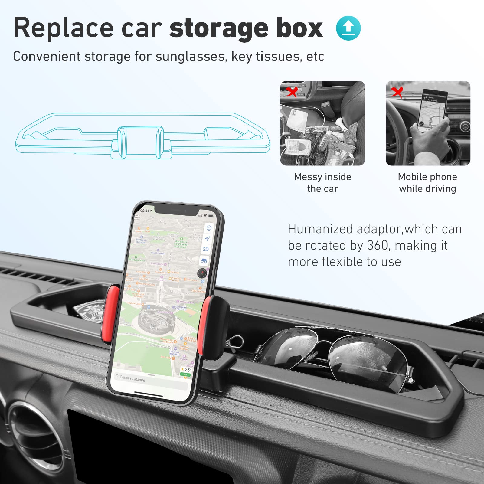 Upgraded CheroCar JL Phone Holder with Storage Tray - Universal Car Phone Mount Accessories Compatible with 2018-2022 Jeep Wrangler JL & 2020-2022 Jeep Gladiator JT - Perfect for Off-Roading, Commuting & Hands-Free Driving