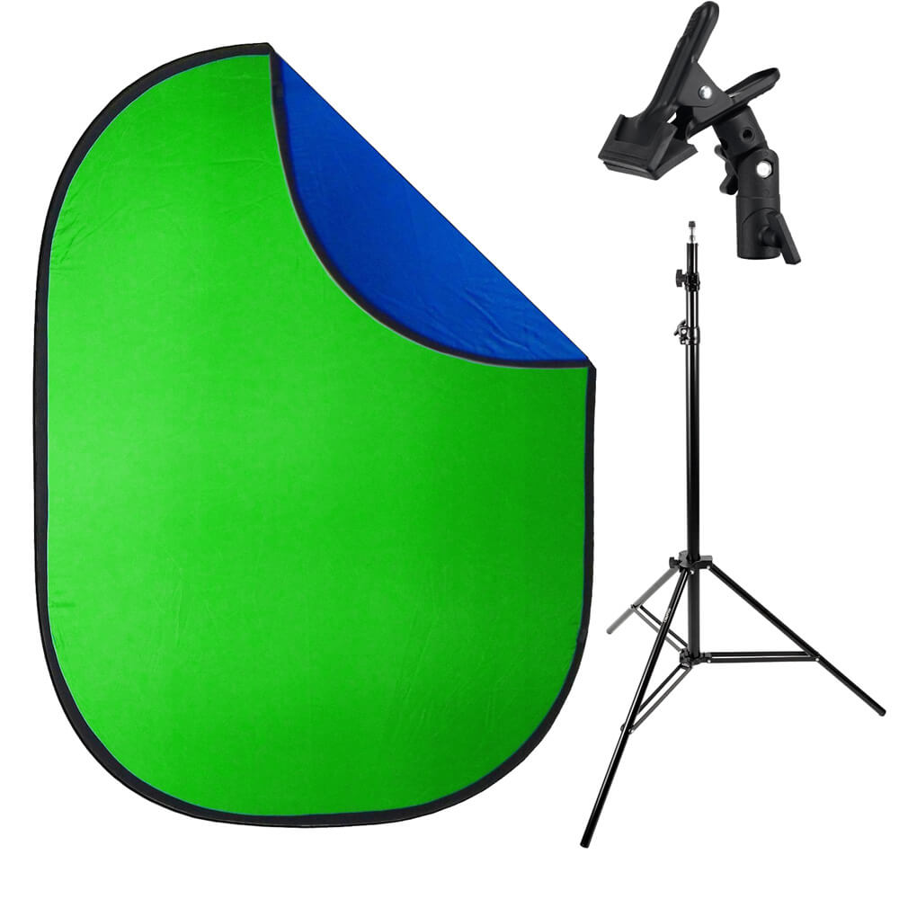 Green & Blue Collapsible Video Background with Stand & Clamp Set - Perfect for YouTube, TikTok & Zoom Meetings
