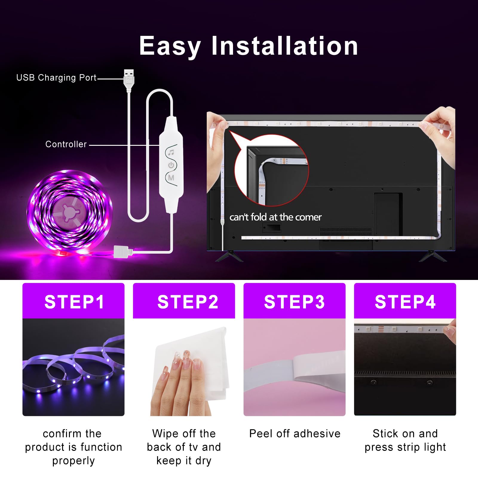 13.1 ft USB RGB Color Changing LED Strip Lights for 45-60 Inch TVs - Smart Bluetooth App & Remote Control with Music Sync | Perfect for TV Backlighting, Gaming Setup & Home Theater Ambience