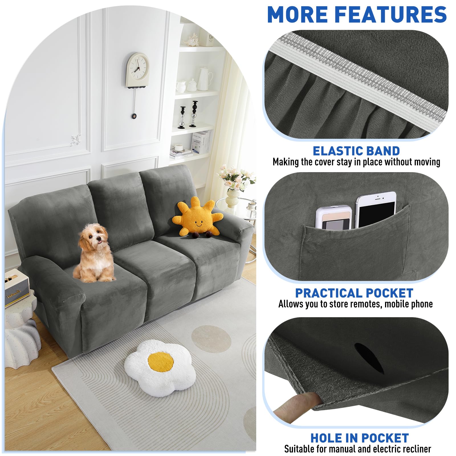 MAXIJIN 8-Piece Stretch Velvet Recliner Sofa Covers - Soft Washable Slipcovers for 3-Cushion Reclining Couches (Grey) | Perfect for Living Room, Home Theater & Family Room Furniture Protection