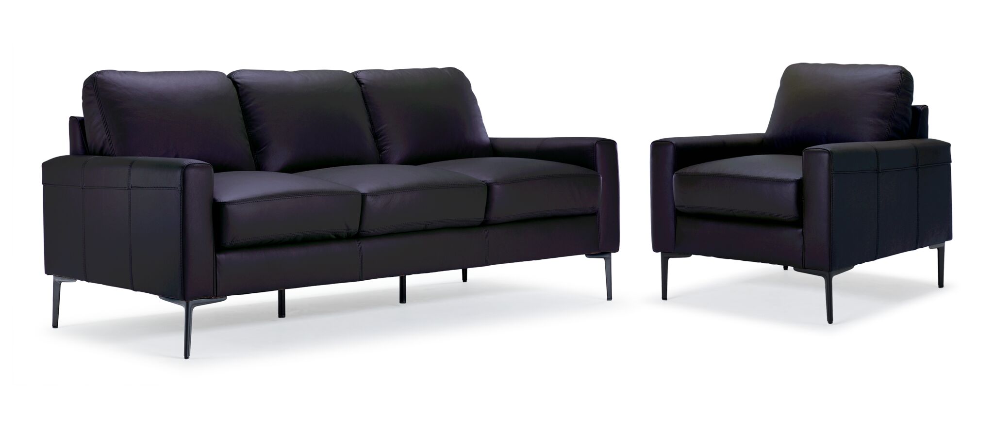 Premium Chito Leather Sofa and Chair Set in Raven Black - Modern Living Room Furniture for Home, Office, or Lounge Comfort