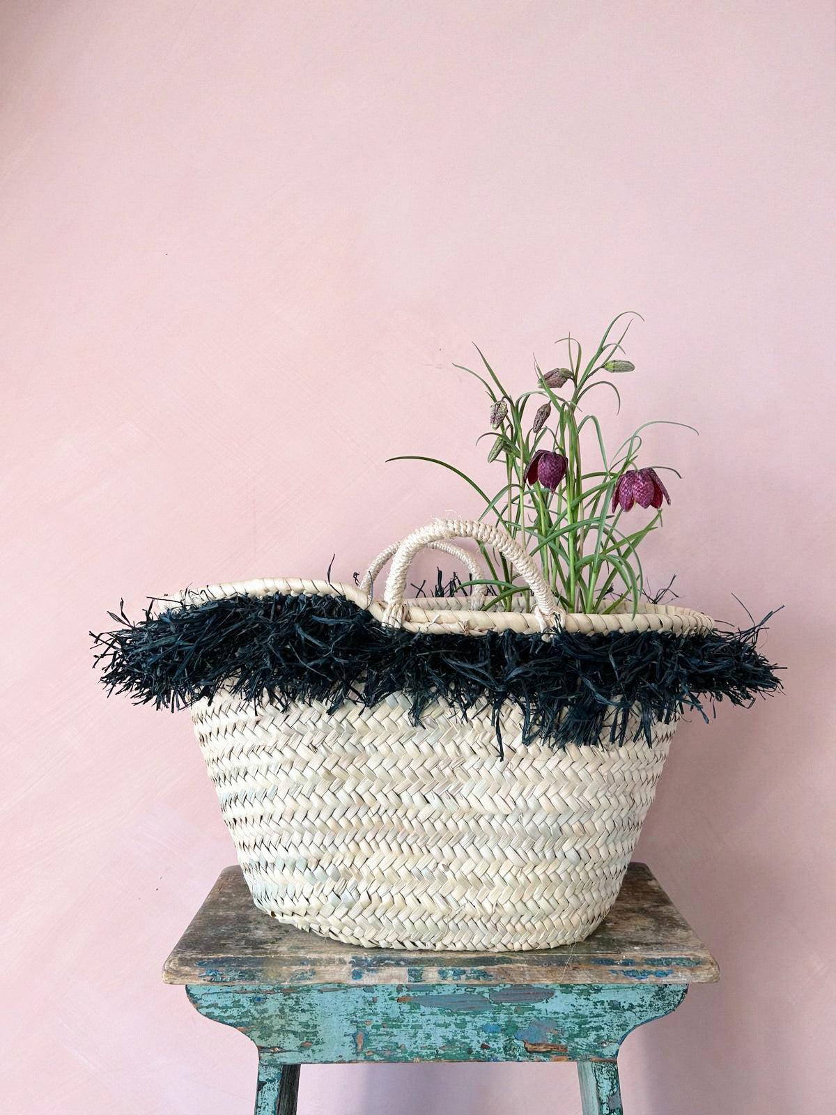 Black Raffia Tassel Basket - Handwoven Storage Organizer for Home Decor, Beach, Picnic & Boho Style