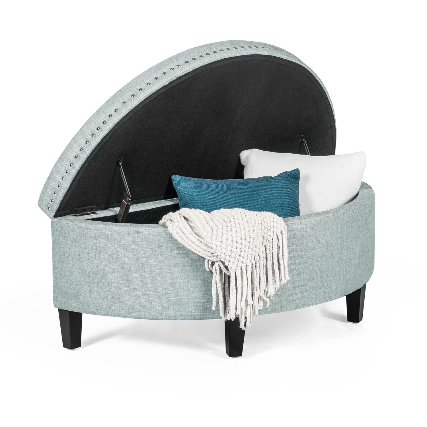 Adeco Half Moon Storage Ottoman - Upholstered Button Tufted Entryway Bench with Nailhead Trim, Footrest Stool & Coffee Table for Bedroom & Living Room - Pastel Blue | Perfect for Small Space Organization, Extra Seating & Stylish Home Decor