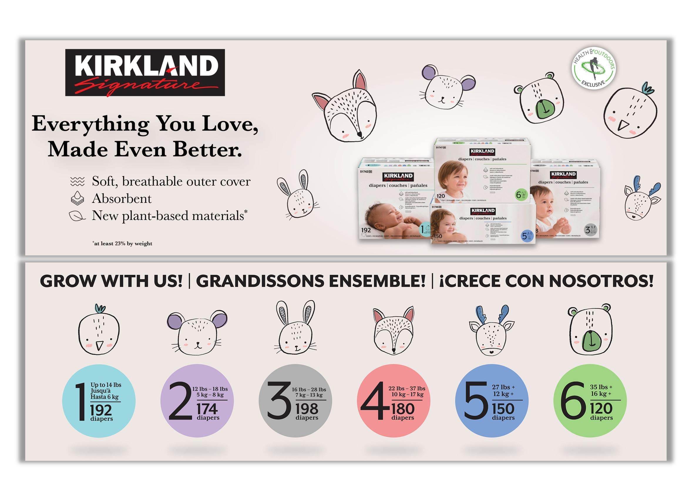 Kirkland Signature Size 3 Diapers for Babies 16-28 lbs | 198 Count Pack with Free Health & Outdoors Baby Wipes | Premium Absorbent Overnight & Daytime Protection for Active Toddlers