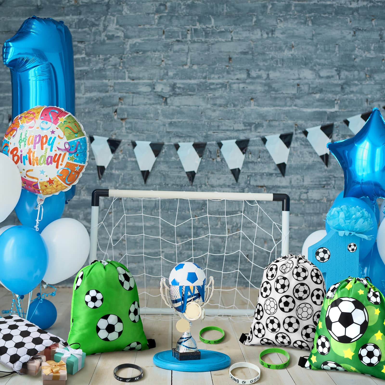 32 Pcs Soccer Party Favors Set - 16 Drawstring Goodie Bags & 16 Silicone Wristbands for Kids Birthday Party Supplies | Perfect for Soccer Themed Birthday Parties, Team Celebrations and Sports Events Gifts