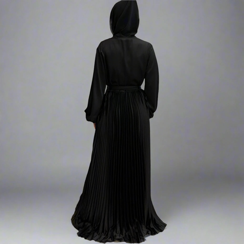 Elegant Muslim Pleated Satin Abaya Dress for Women - Modest Islamic Prayer Dress for Mosque & Special Occasions