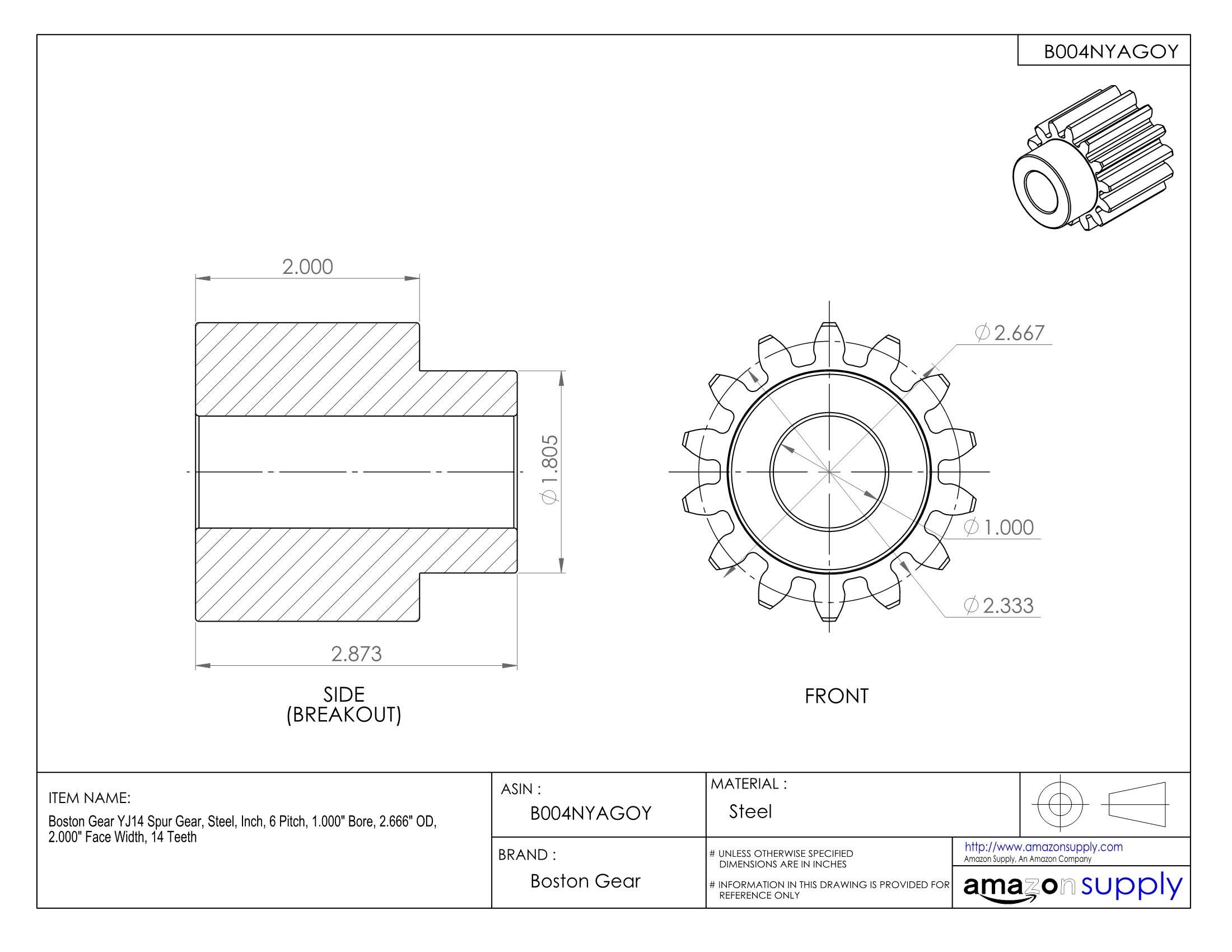 YJ15 Spur Gear - 6 Pitch, 1.000