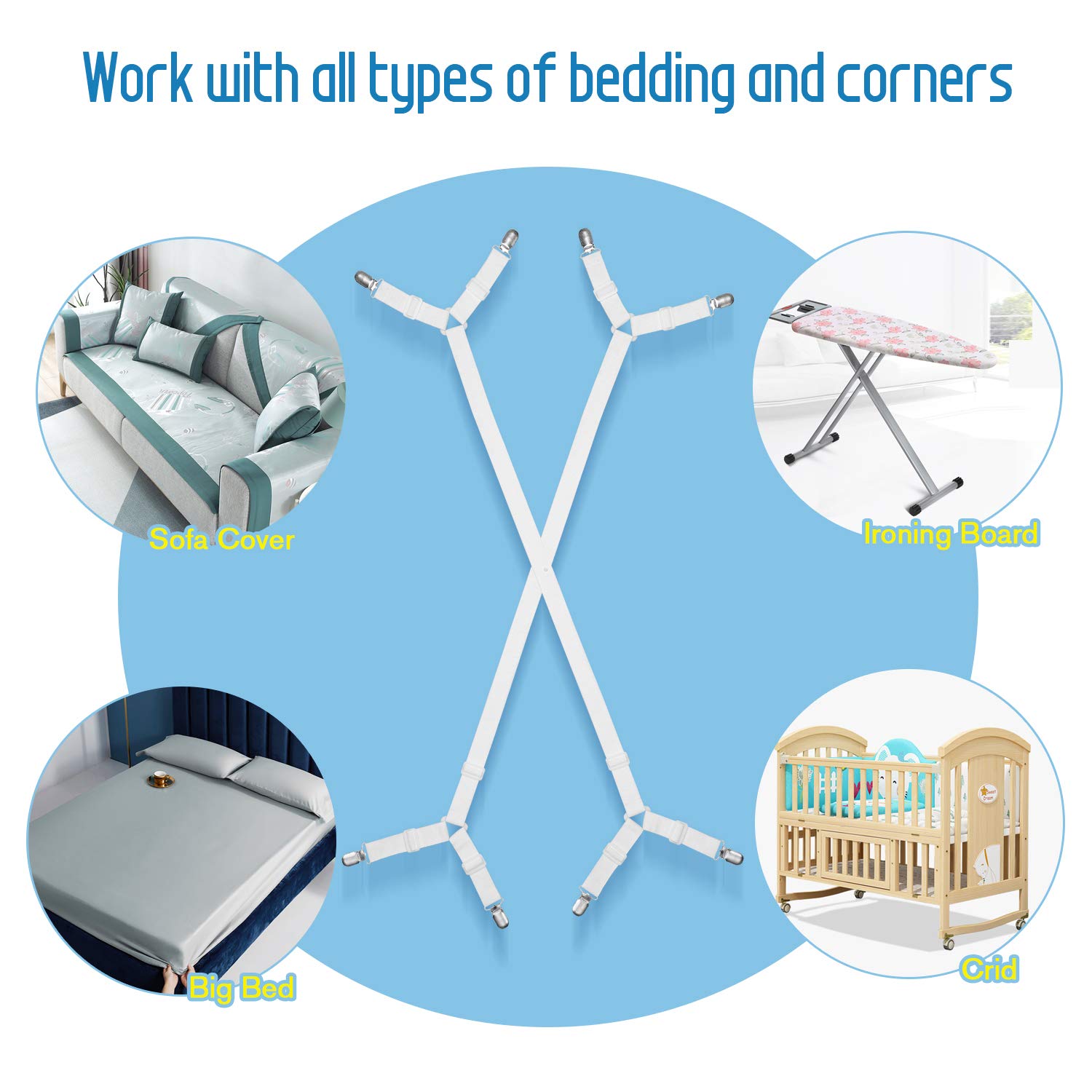 WADEO 2 Pack Adjustable Cross Bed Straps with Side Pull, Mattress Clips & Fasteners - Universal Fit for All Square Mattresses (White) - Perfect for Bedding Security & Mattress Stabilization