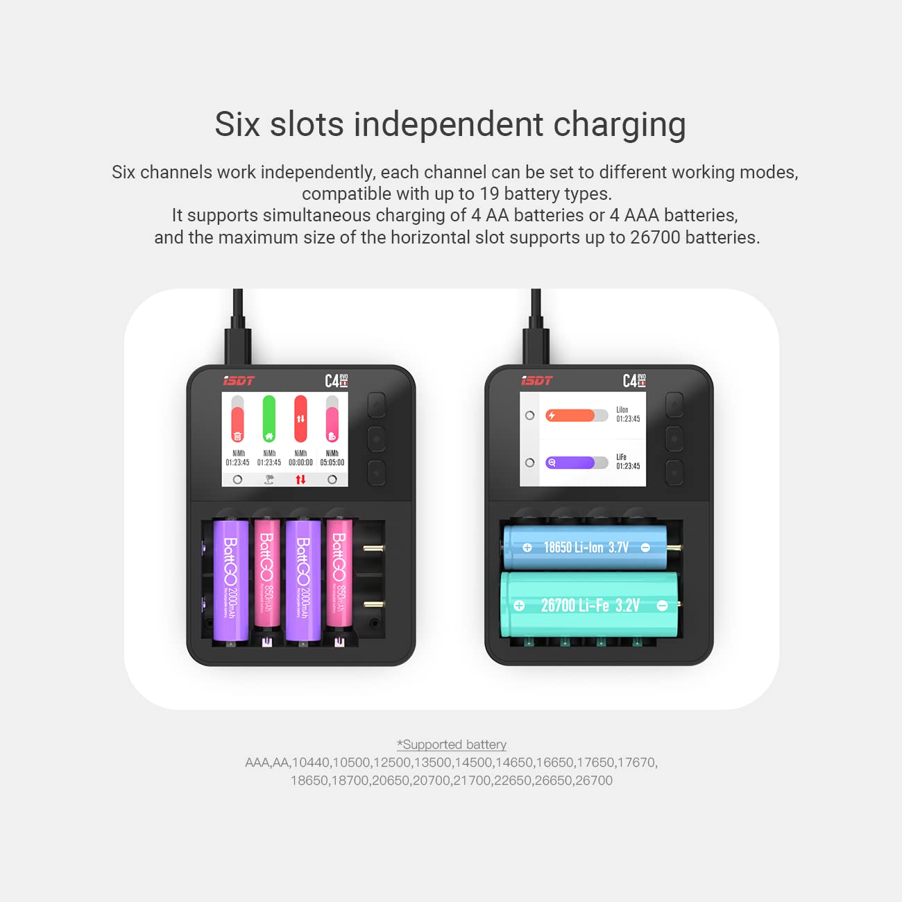 ISDT C4 EVO 6-Bay Smart Battery Charger for AA/AAA Li-ion NiMH Rechargeable Batteries - Fast Type-C QC3.0 Charging with LCD Display | Home Use, Travel, Emergency Power Supply, RC Toys, Flashlights