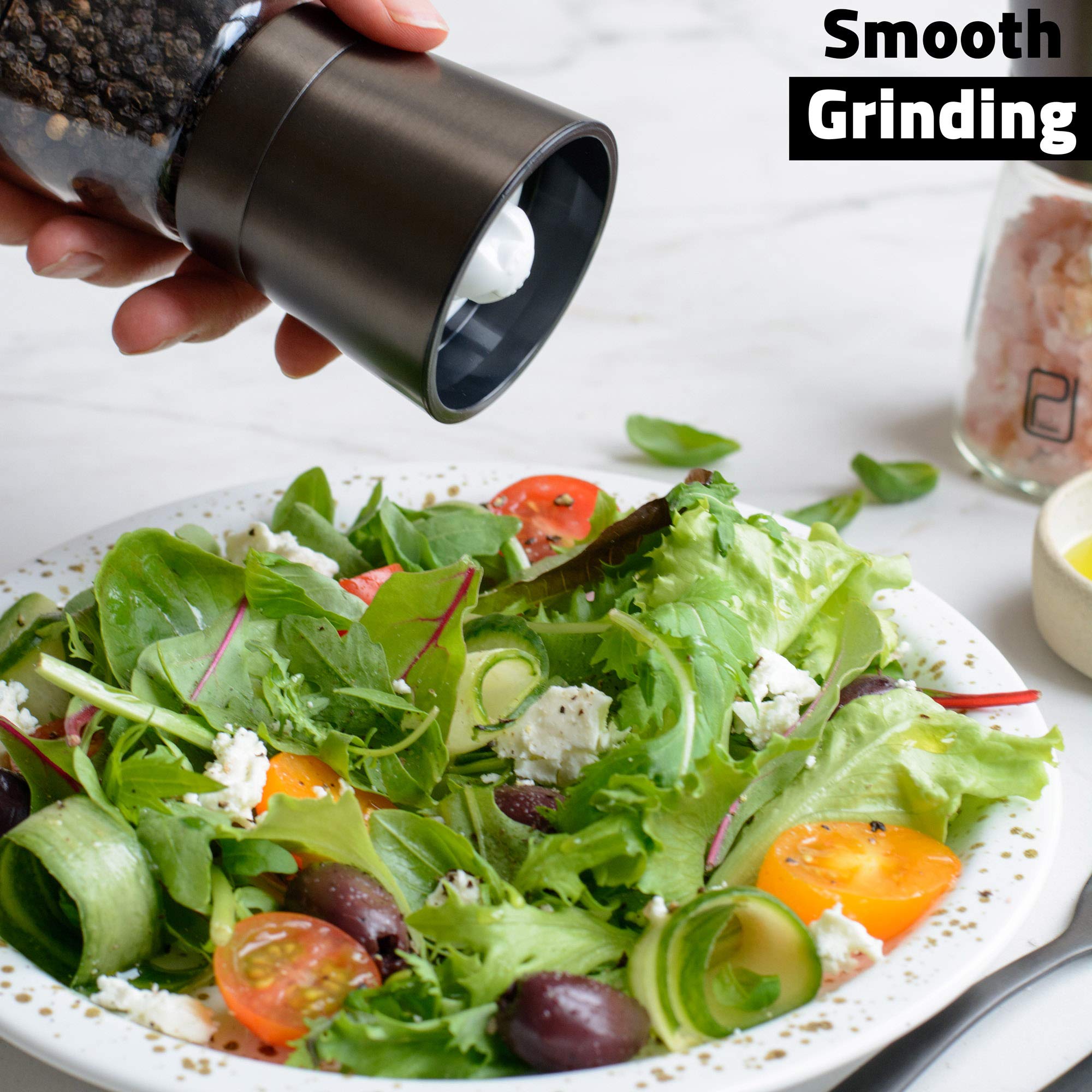 Premium Black Stainless Steel Salt and Pepper Grinder Set with Bamboo Wood Stand - Adjustable Coarseness Gunmetal Spice Mill - Bronze Pepper Grinder & Salt Shaker Set for Kitchen, Dining Table, BBQ, Camping & Gift Giving