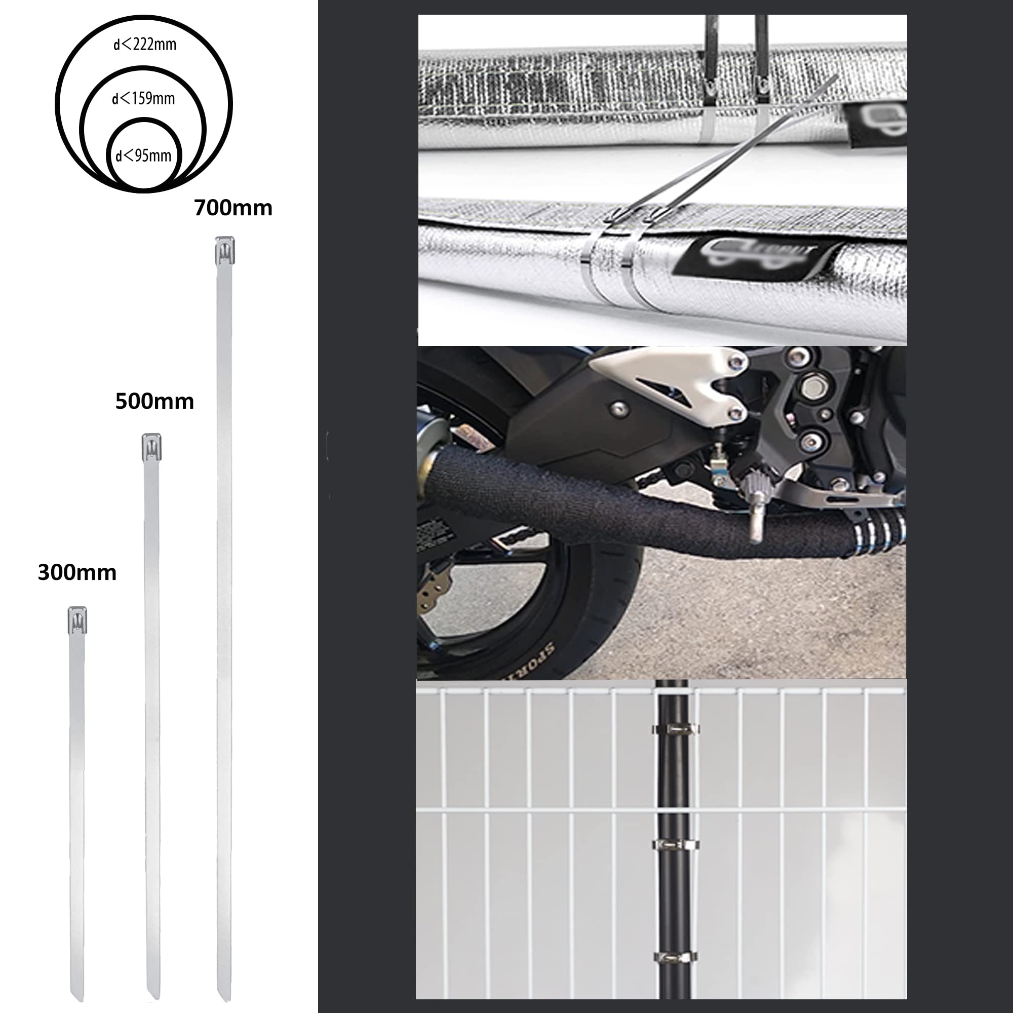 Arespark 200 Pack Stainless Steel Cable Ties - 300 x 4.6mm Rustproof Metal Zip Ties with Self-Locking Mechanism - Heavy Duty Wire Ties for Exhaust Reel, Cable Management, Garden Care, Awning & Industrial Use - Silver White