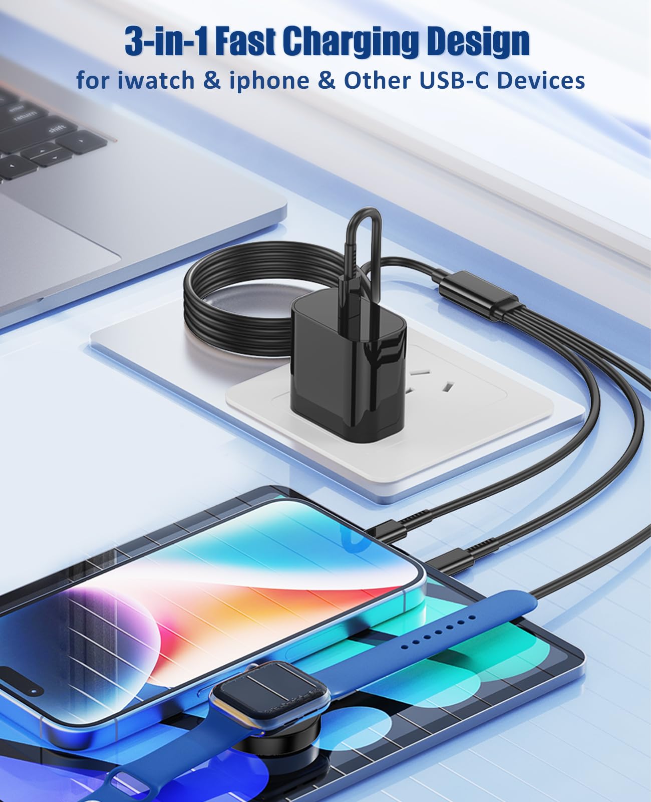 3-in-1 Fast Charging Cable for Apple Watch Series Ultra 2/SE/10/9/8/7/6/5/4/3 & iPhone 15/16 Pro Max/14/13/12/11 - 20W USB-C Charger with 6FT Cord (Black) | Perfect for Travel, Office & Home Charging Station