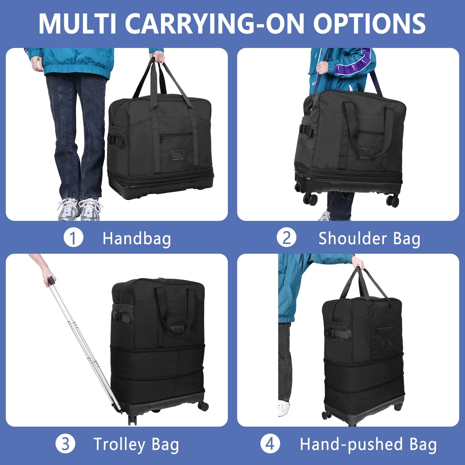 92L Expandable Rolling Duffel Bag with Silent Wheels & Hidden Pull Rod - Triple Expansion Design for Large Storage - Foldable Travel Luggage for Moving, Emigration & Storage - Perfect for Air Travel, Road Trips & Long-Term Packing