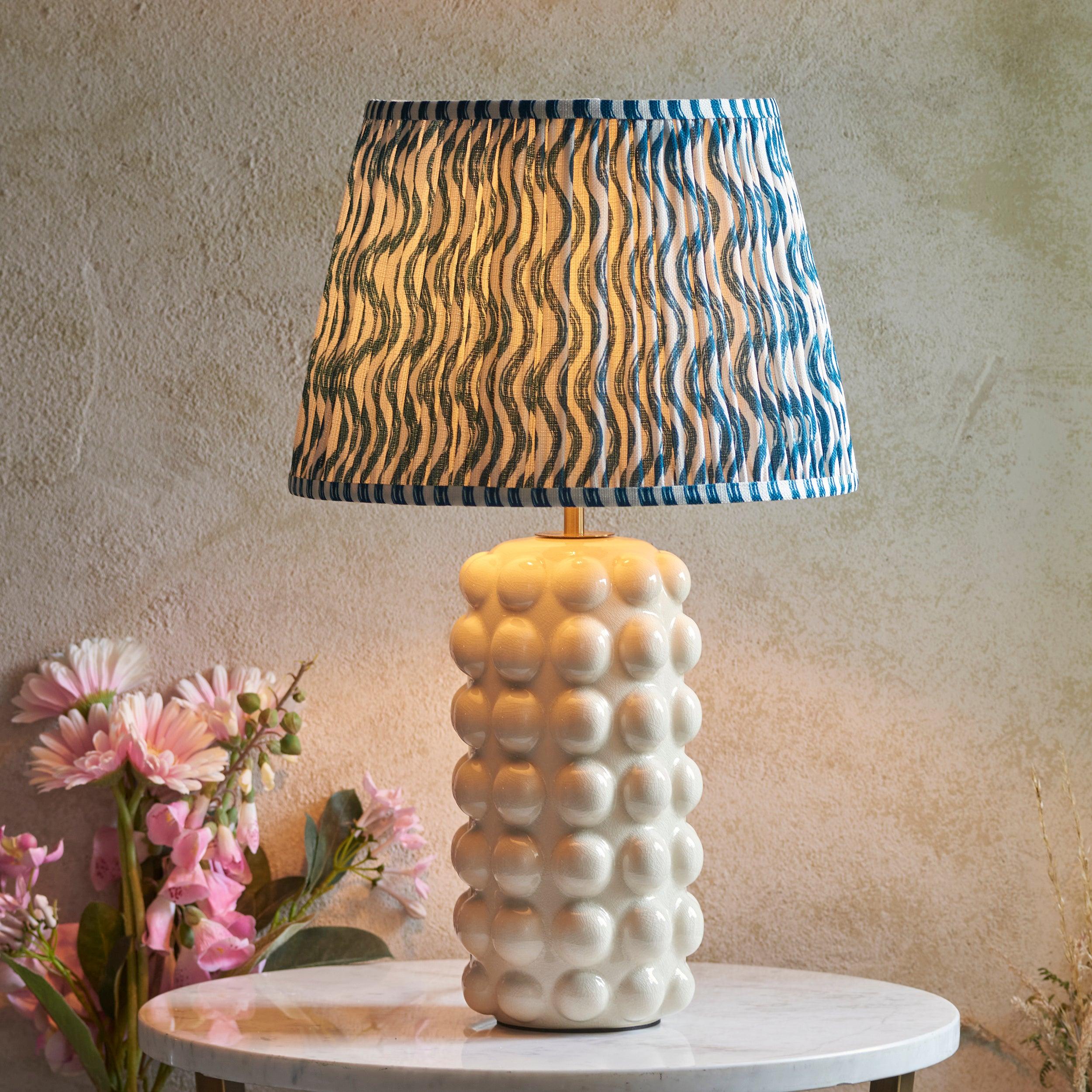 Bobble White Ceramic Table Lamp with 35cm Ripple Marlin Blue Shade - Modern Home Office Bedroom Lighting Decor