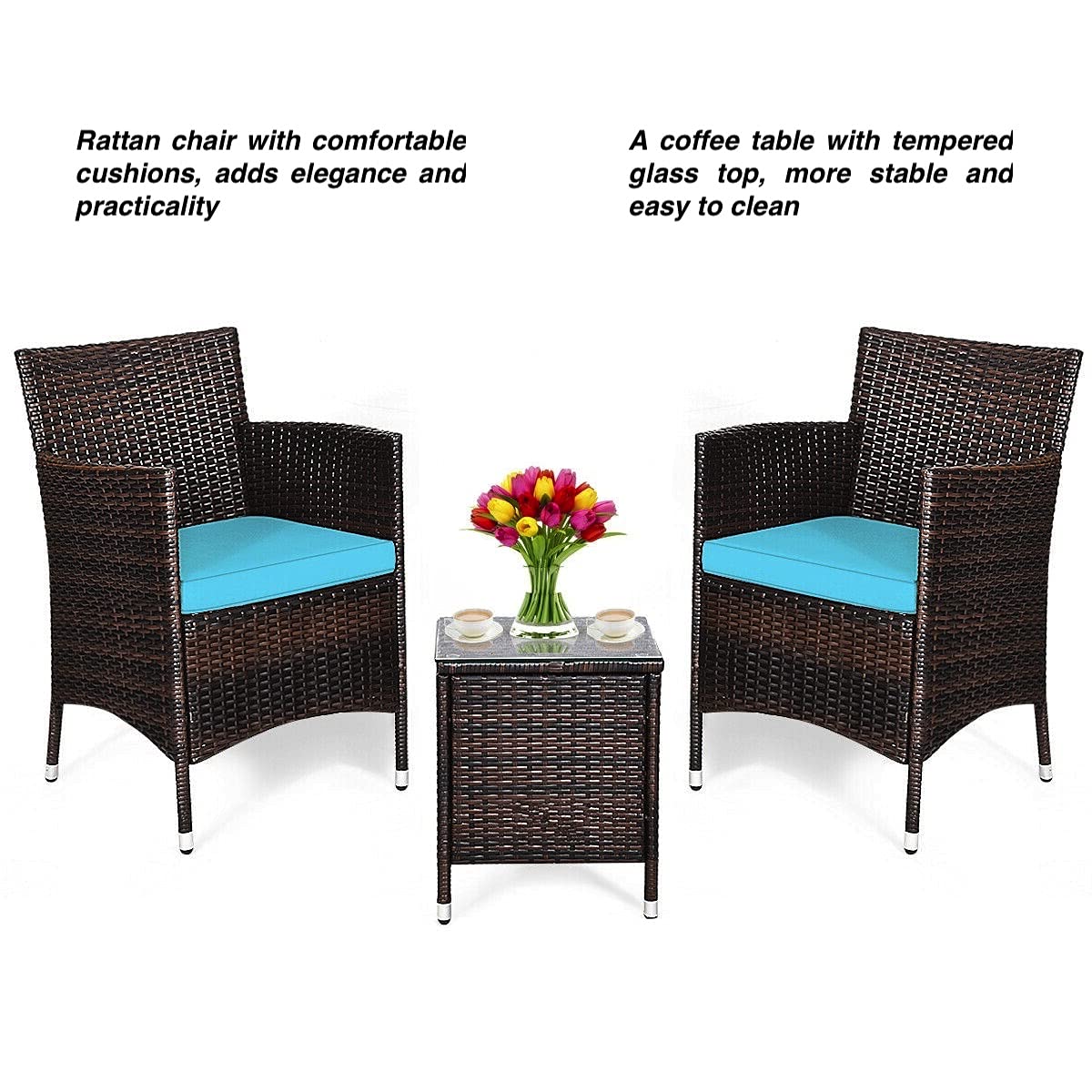 3-Piece Outdoor Patio Furniture Set with 2 Rattan Chairs & 1 Tempered Glass Coffee Table - Blue Soft Cushions for Backyard, Deck, Balcony, Poolside - Perfect for Relaxing, Entertaining & Outdoor Living Spaces