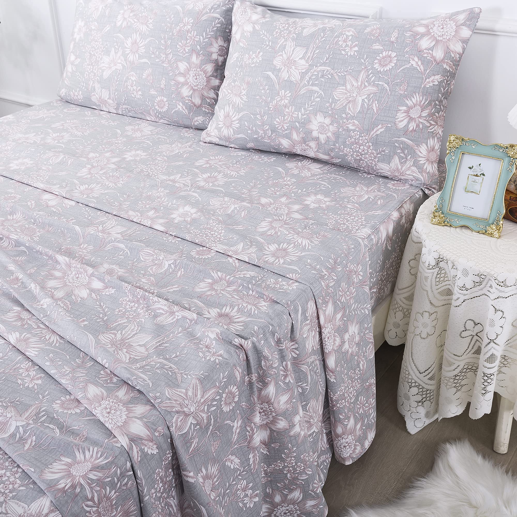 Vintage Floral Twin Bed Sheet Set - 100% Cotton 600TC Soft Hypoallergenic Deep Pocket Sheets (4Pcs) for Girls Room, Guest Bedroom & Summer Decor | Shabby Chic Pink & Grey Sunflower Design